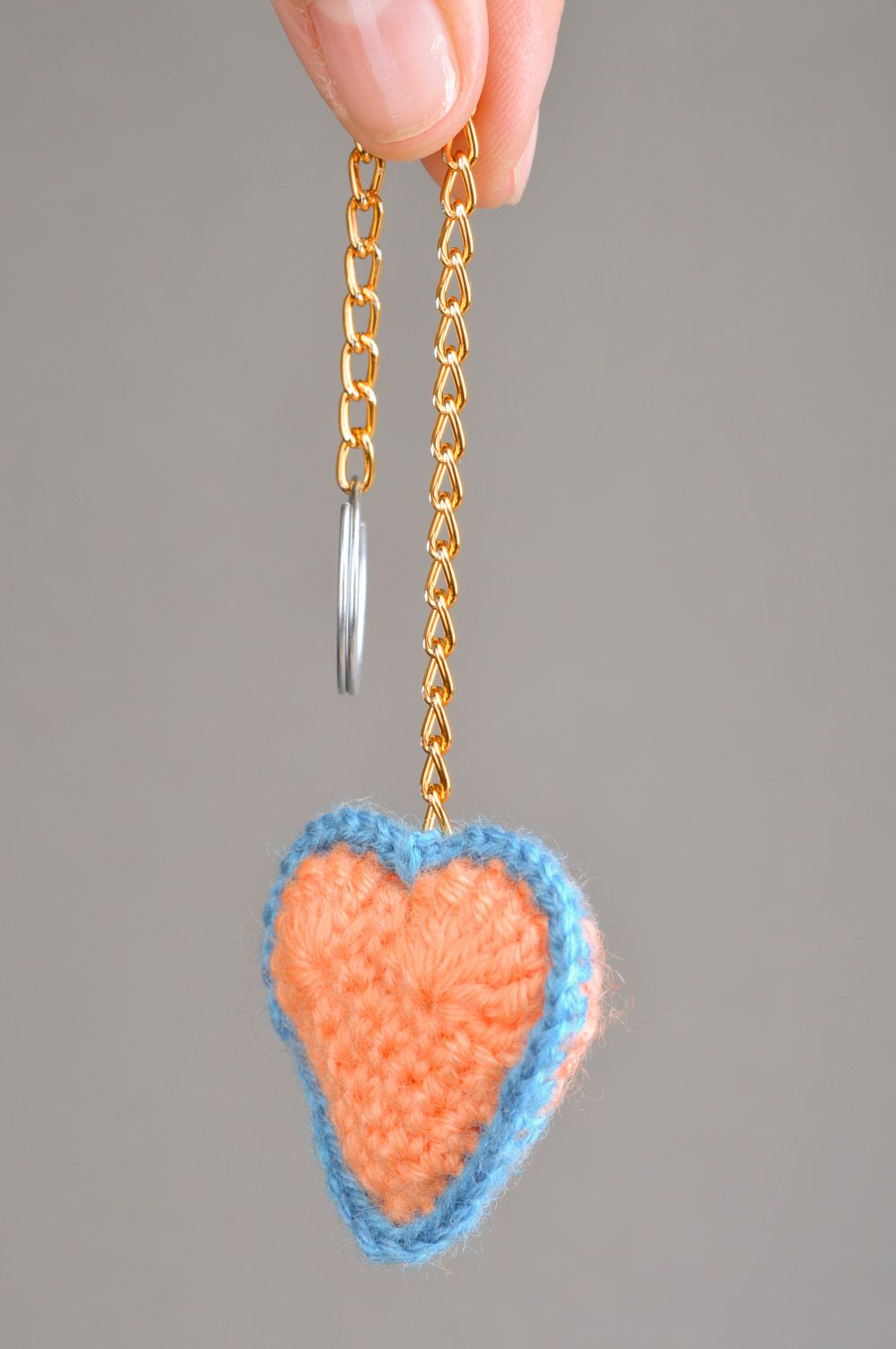 Handmade cute heart-shaped keychain crocheted of semi-woolen peach threads photo 3
