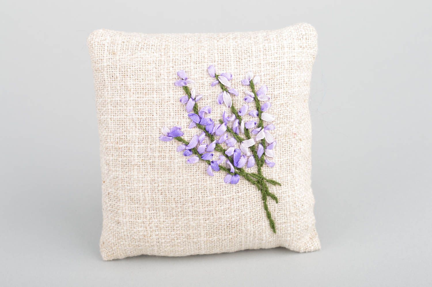Beautiful small fabric interior cushion with ribbon embroidery for home decor photo 2