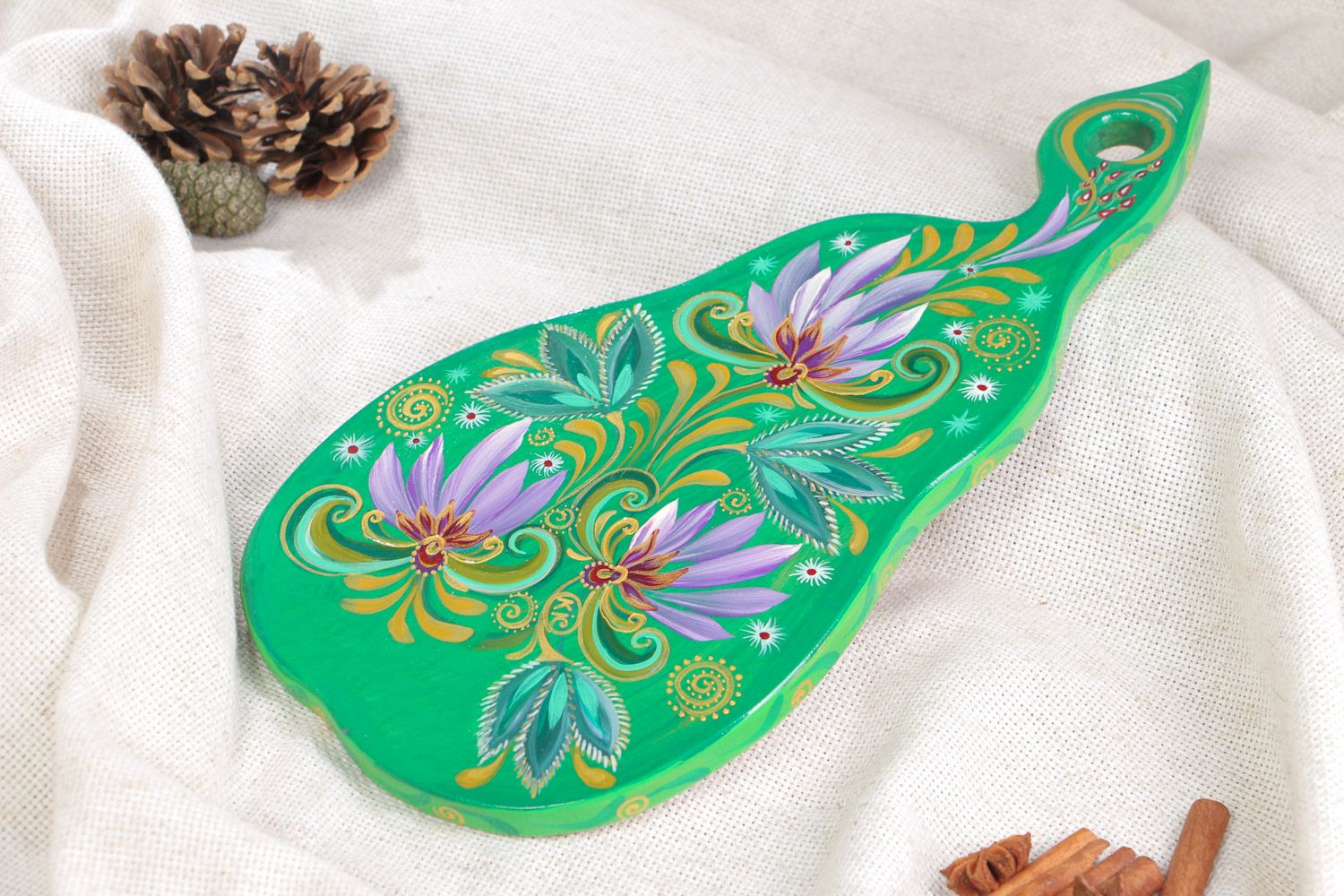 Handmade designer chopping board with painting in green color palette photo 1