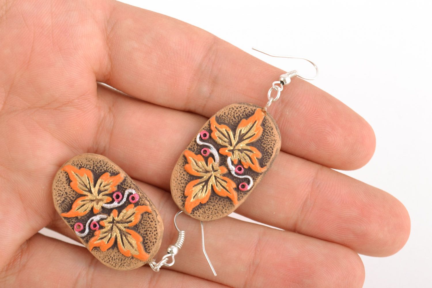 Handmade clay oval earrings painted with acrylics for women photo 2