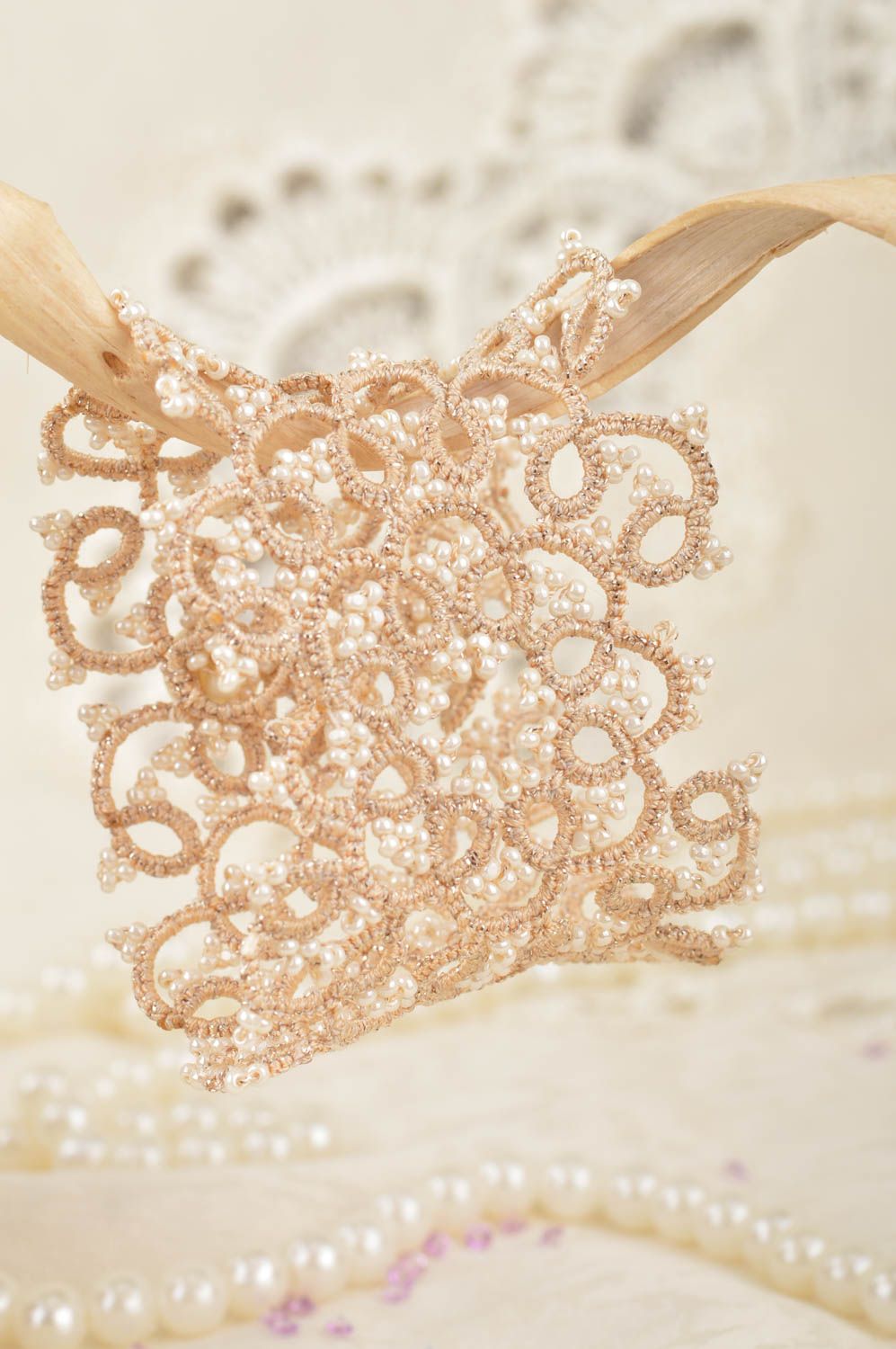 Unusual beautiful handmade designer tatting lace bracelet with beads Beige photo 3