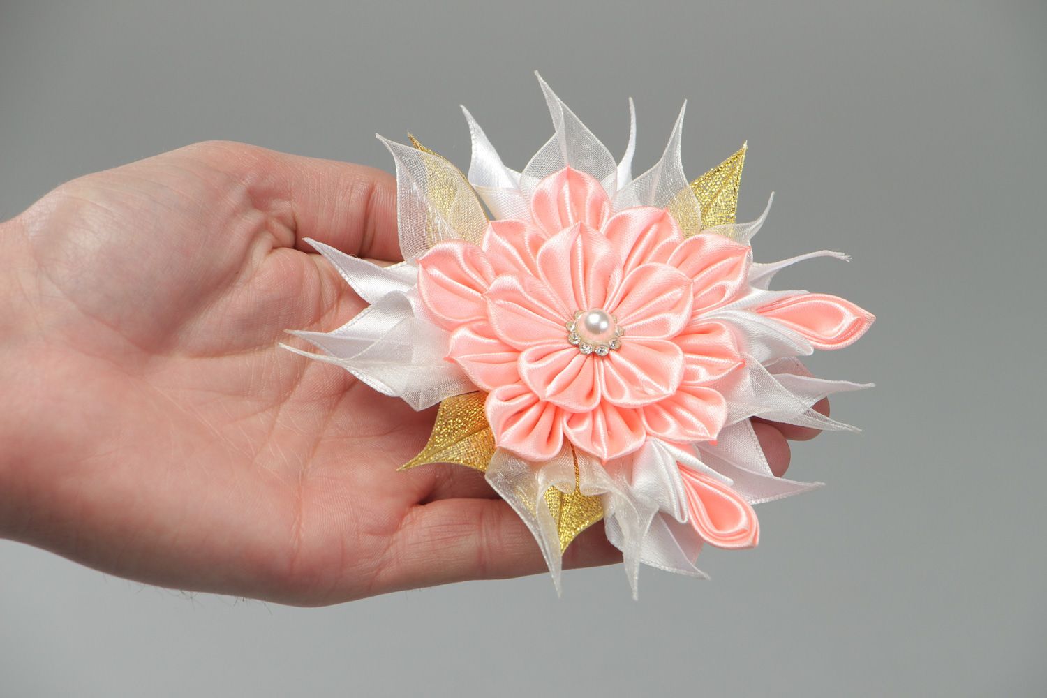Tender handmade hair clip with satin ribbon kanzashi flower in pink color palette photo 4
