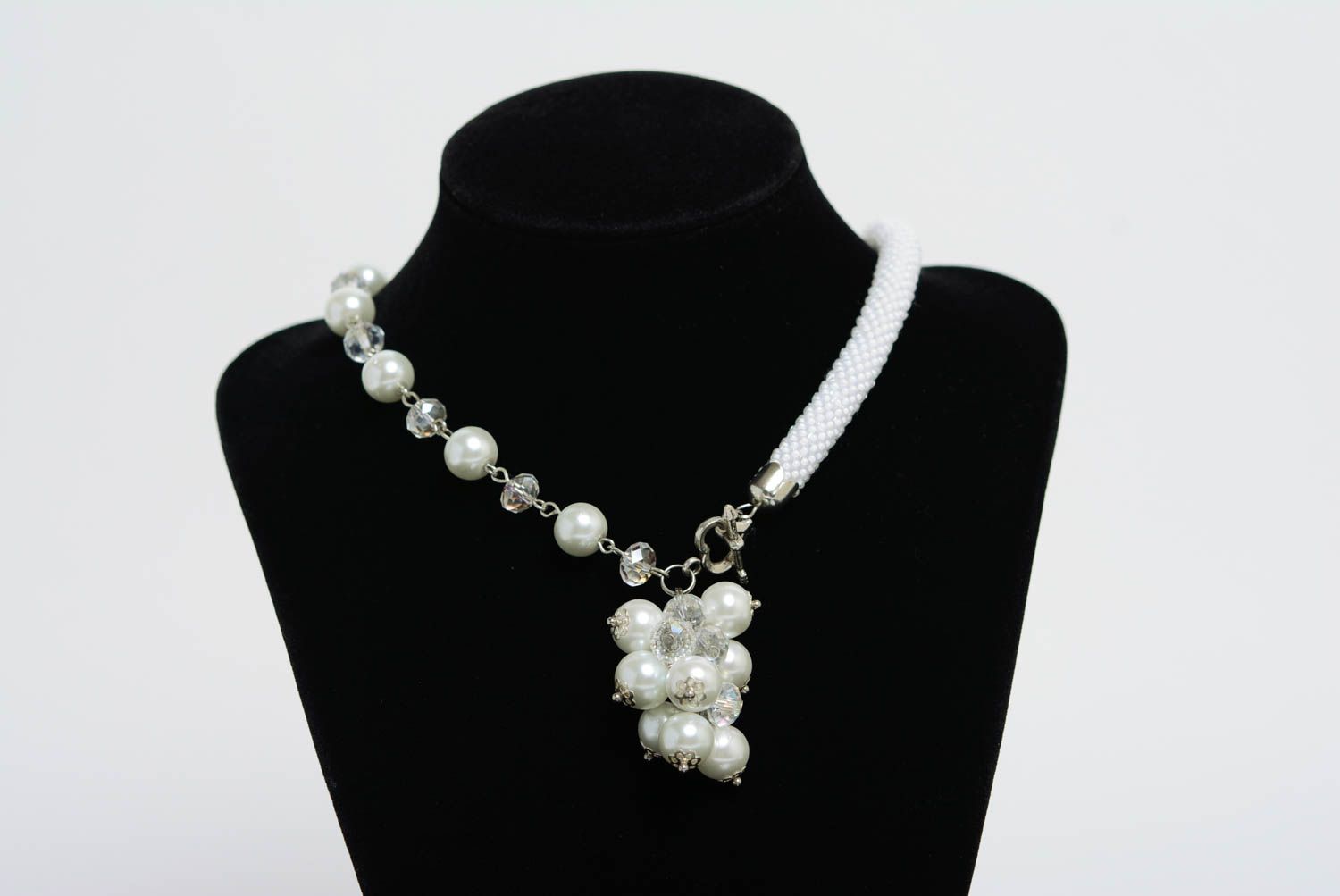 Evening white handmade designer beaded necklace unusual gentle photo 3