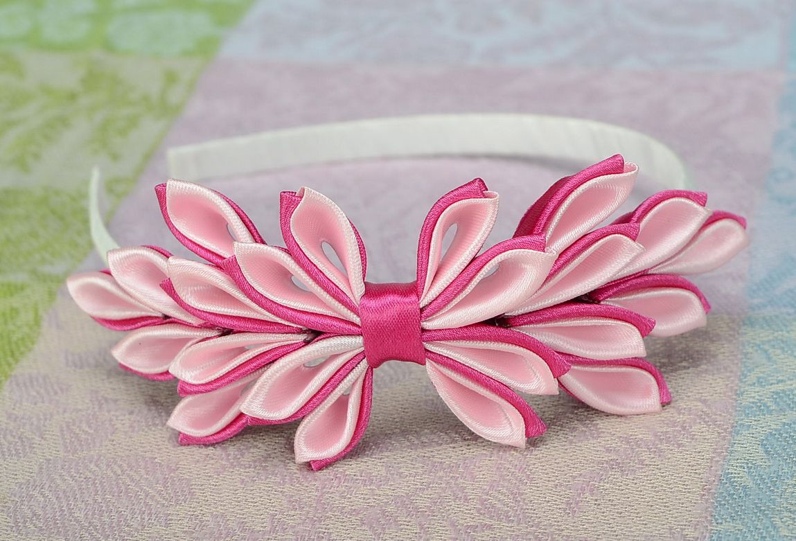 Pink headband with satin ribbons photo 5
