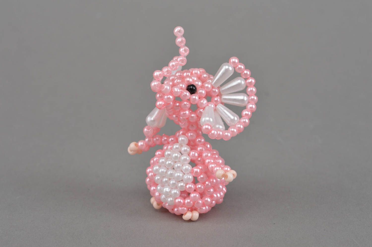 Small homemade collectible handmade beaded statuette of pink elephant for decor photo 2