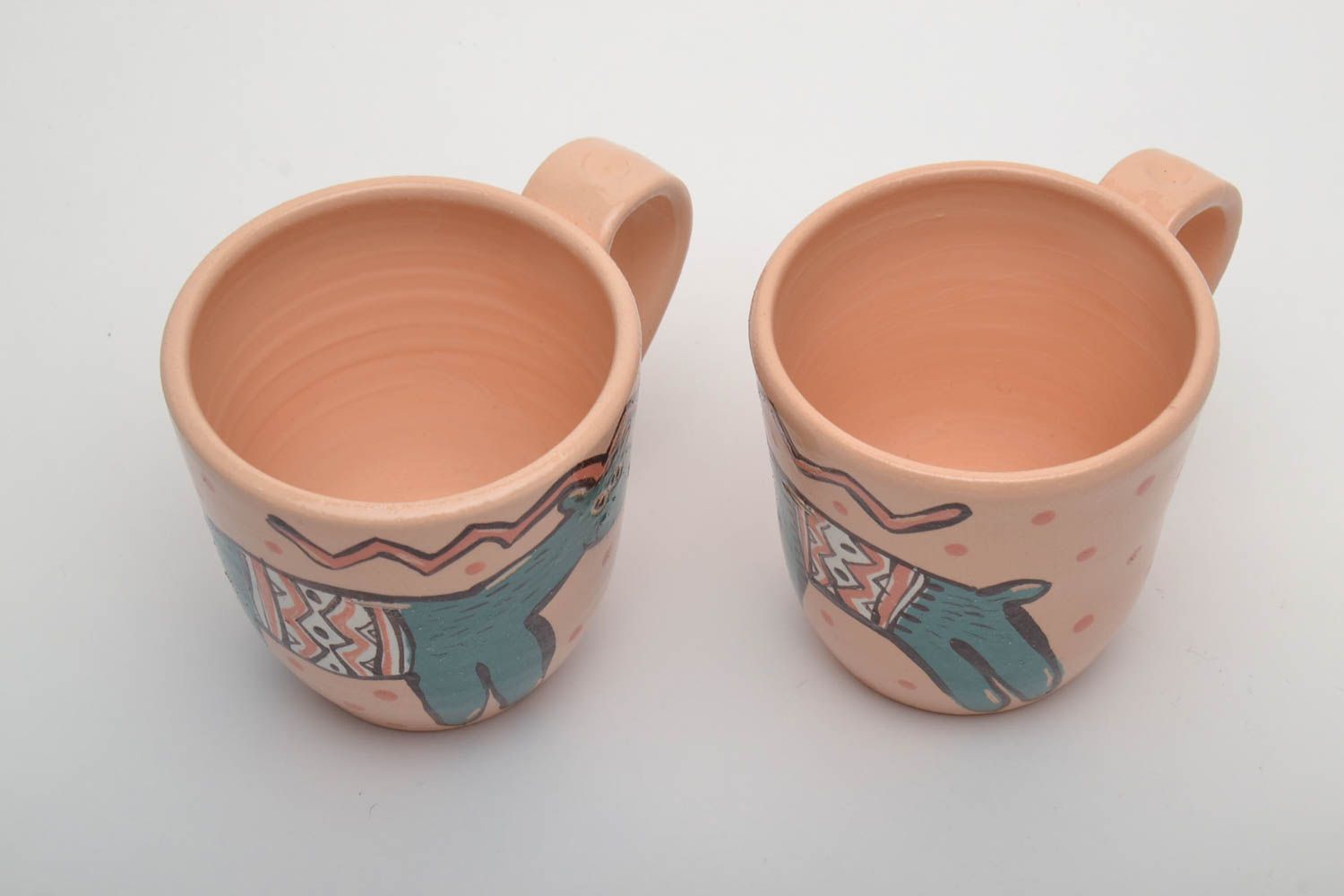 Beige color smiling lama pattern drinking ceramic two 5 oz cups with handle photo 4