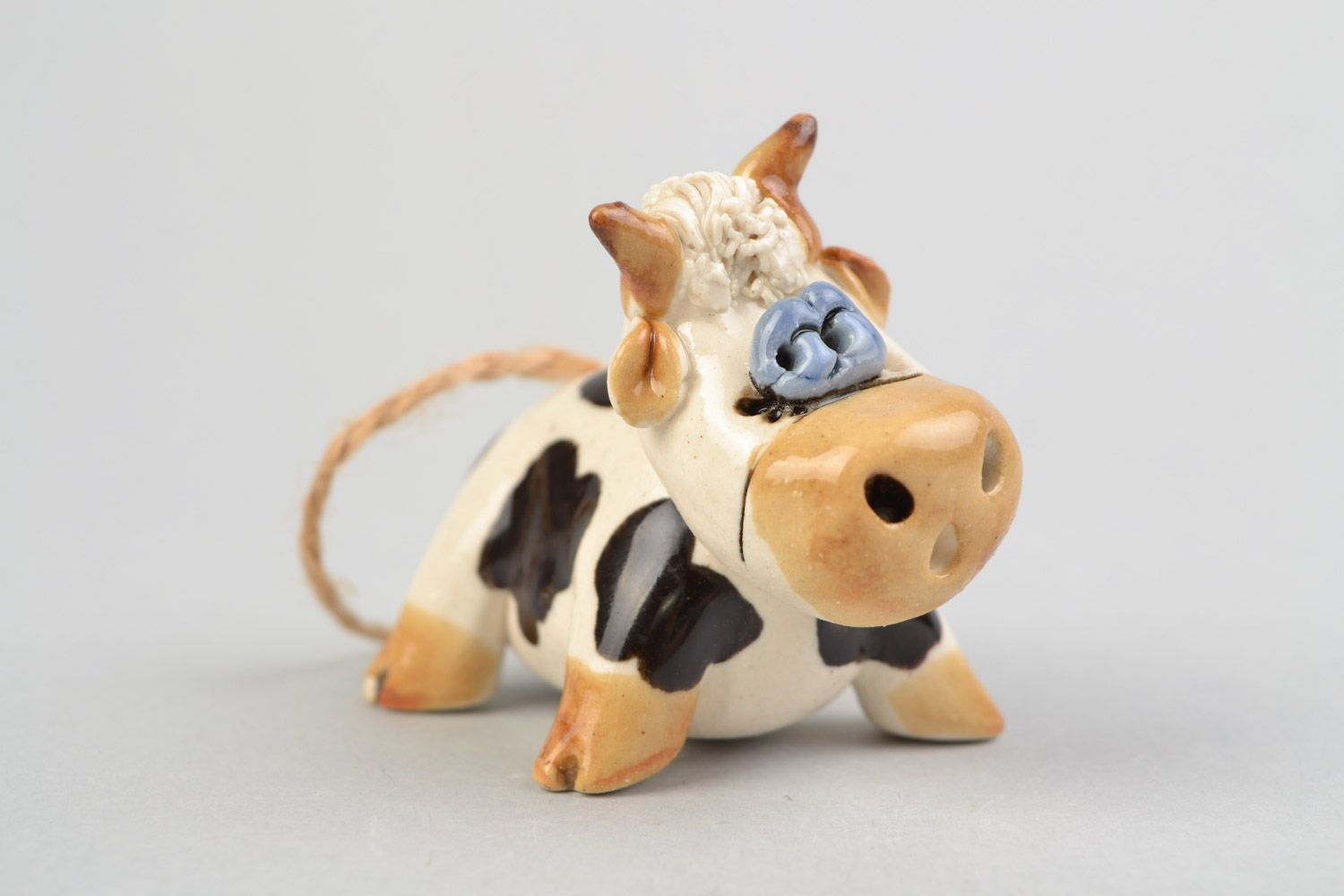 Funny handmade designer painted glazed clay figurine of cow for home decor photo 1