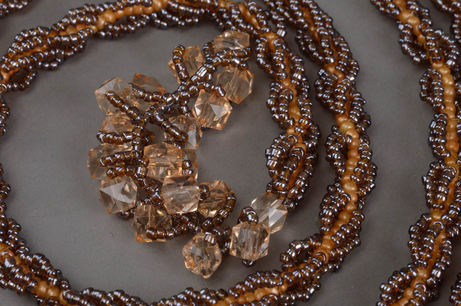 Handmade unusual delicate stylish tiebacks made of beads in bronze color photo 5