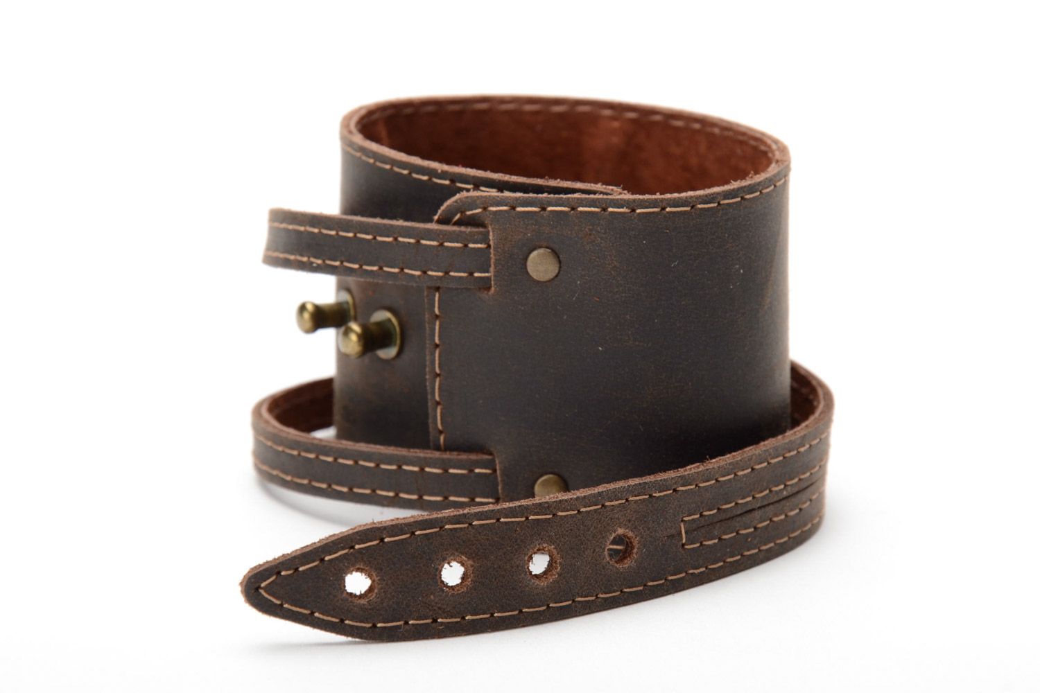 Handmade genuine leather double wrap wrist bracelet of dark brown color unisex photo 4