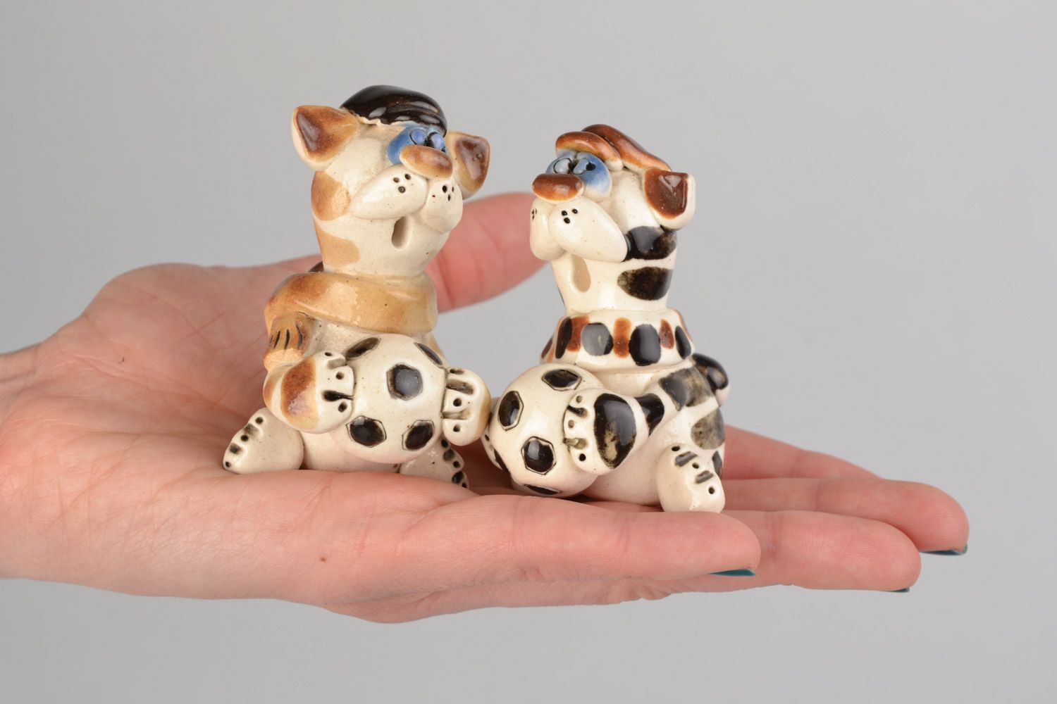 Handmade designer painted glazed clay figurines cats 2 pieces for interior decor photo 2