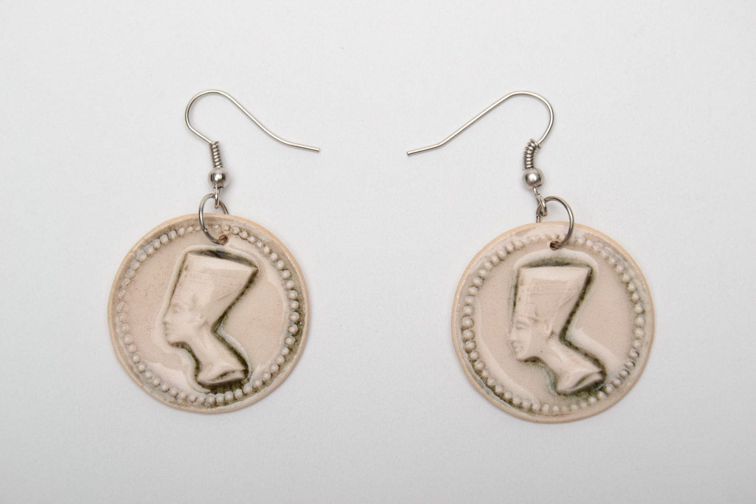 Handmade white clay round earrings in the shape of coins with embossment Nefertiti photo 5