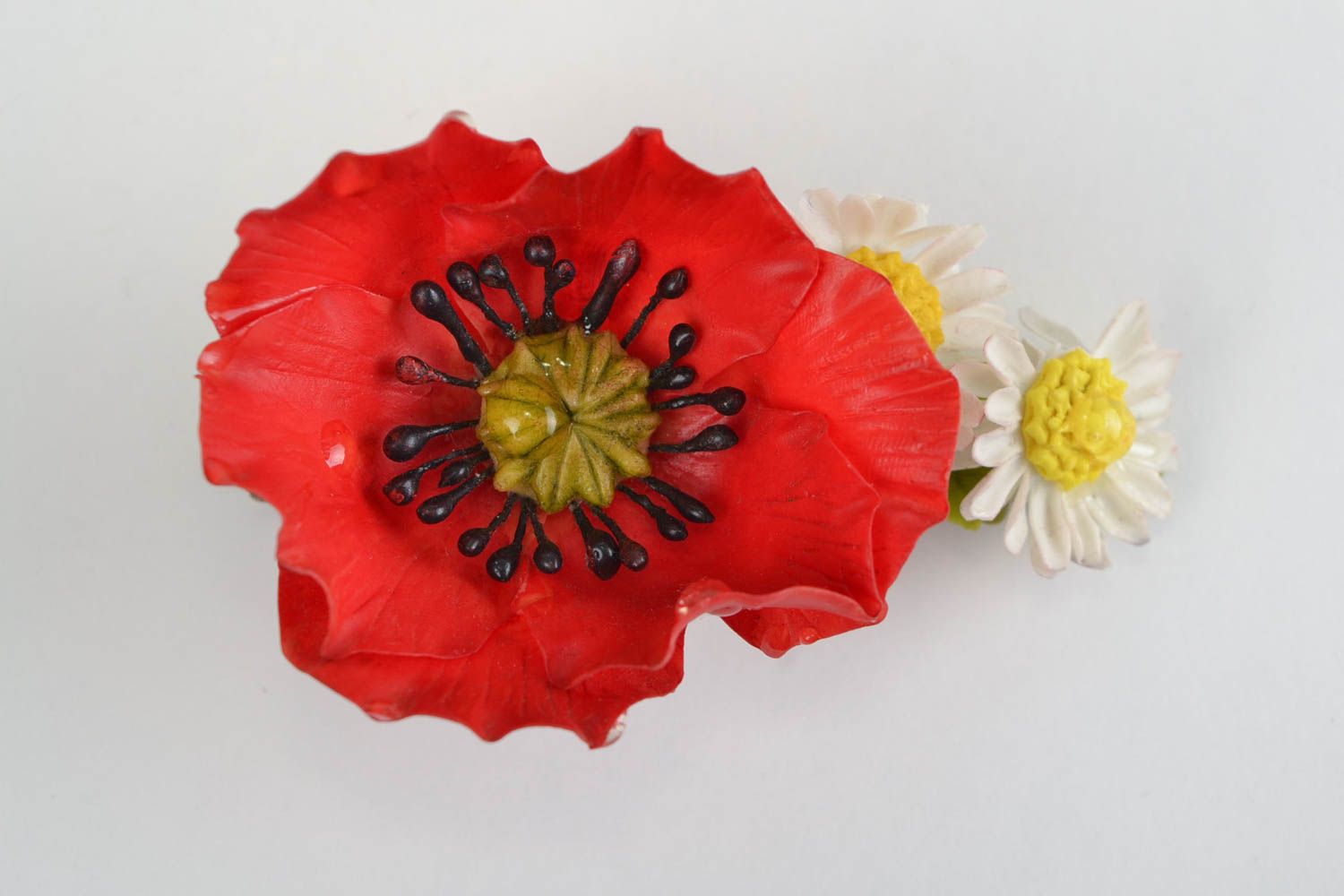 Beautiful handmade cold porcelain flower hair clip Poppy and Camomiles photo 1