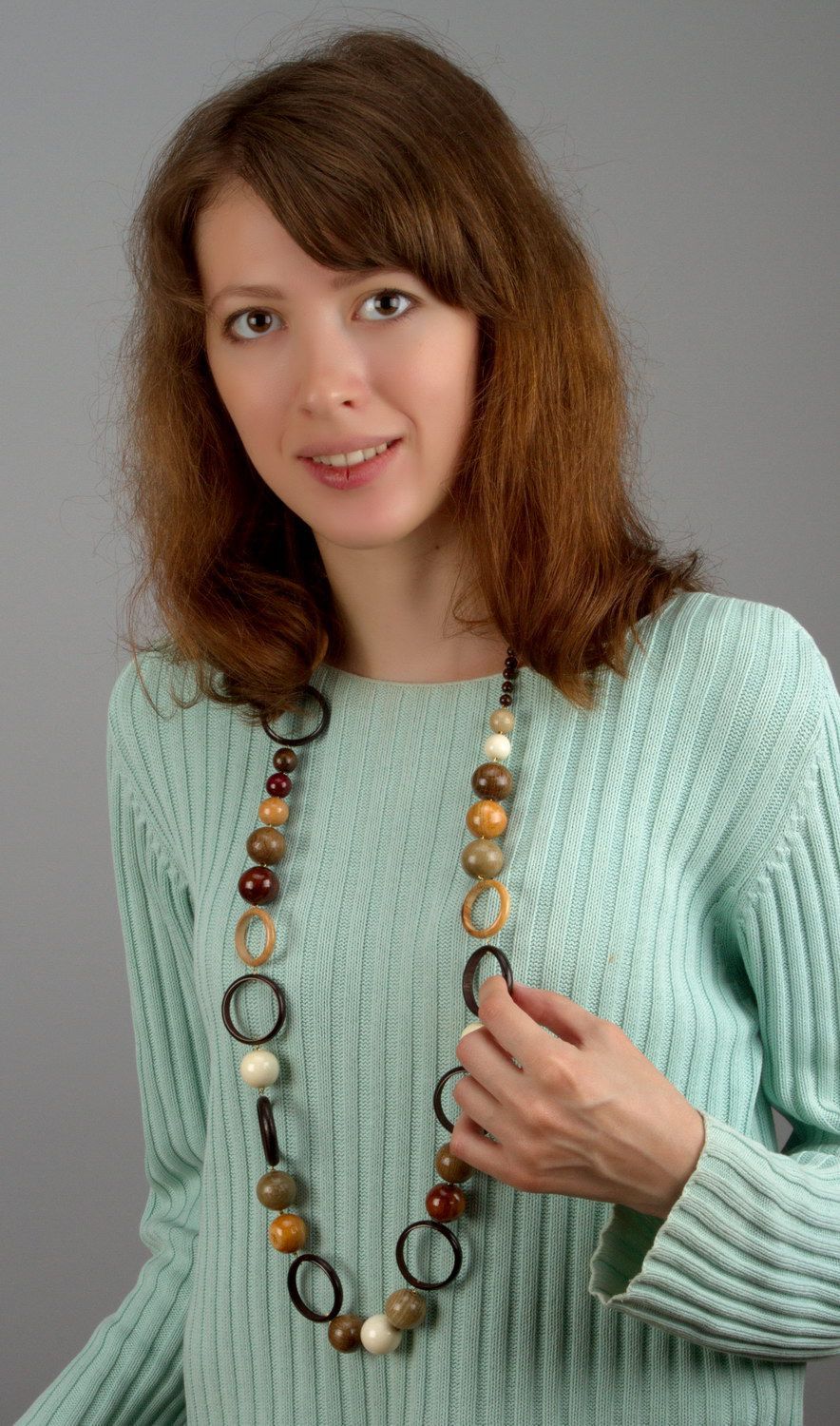 Handmade long wooden beaded necklace photo 5