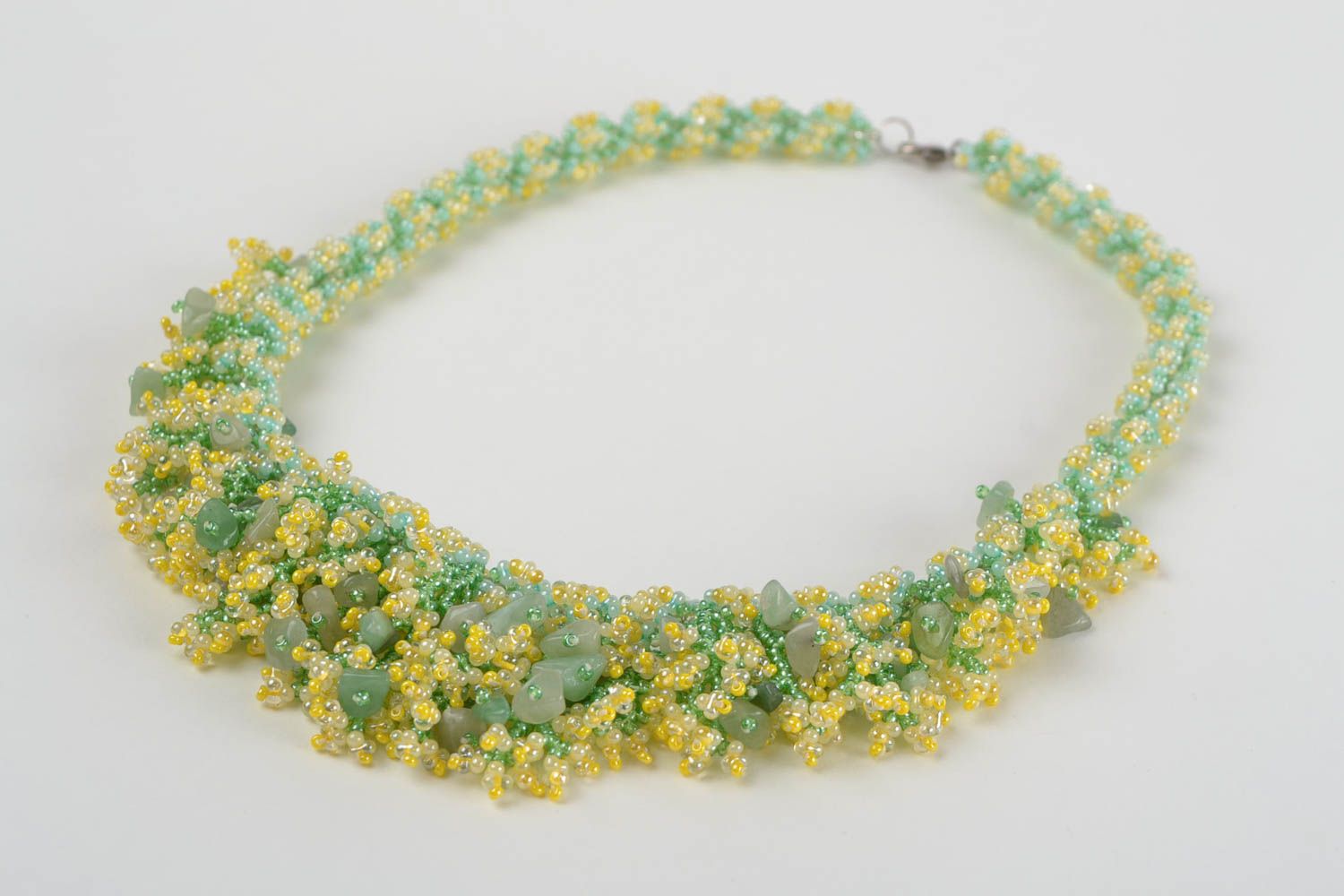 Unusual handmade designer beaded necklace with natural stones green and yellow photo 5