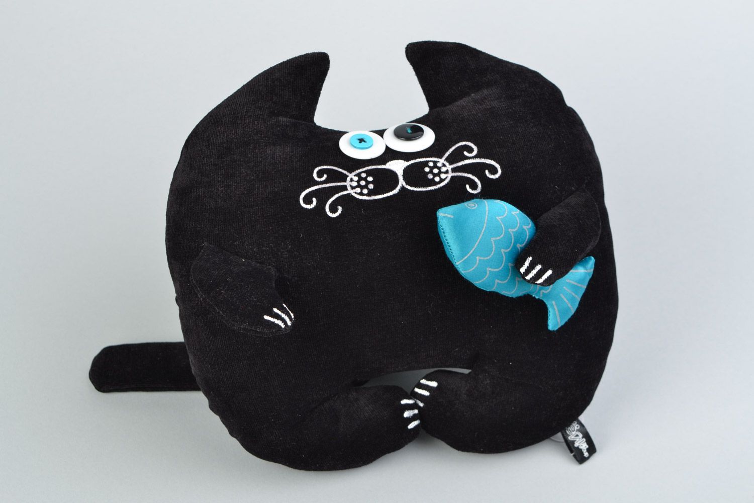 Handmade interior toy cushion in the form of black cat with fish made of flock photo 5