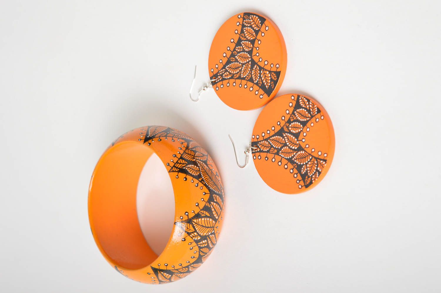 Grelles orange Schmuck Set handmade aus Holz Damen Ohrringe Schmuck Armband  foto 5