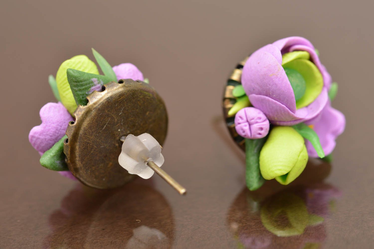 Handmade designer polymer clay stud earrings volume flower bouquets violet green photo 5