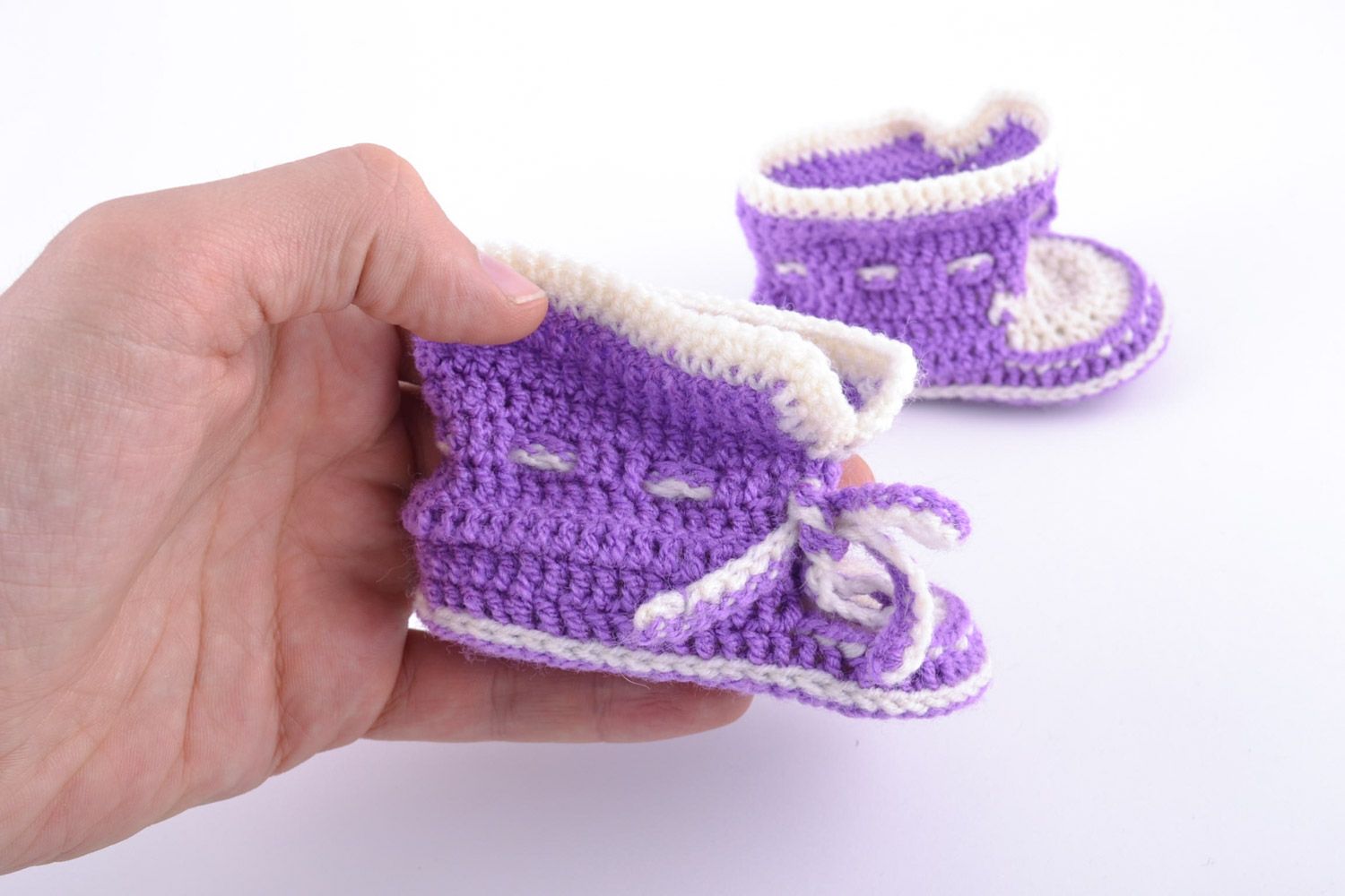 Violet and white handmade baby booties crocheted of wool and cotton for girl photo 2