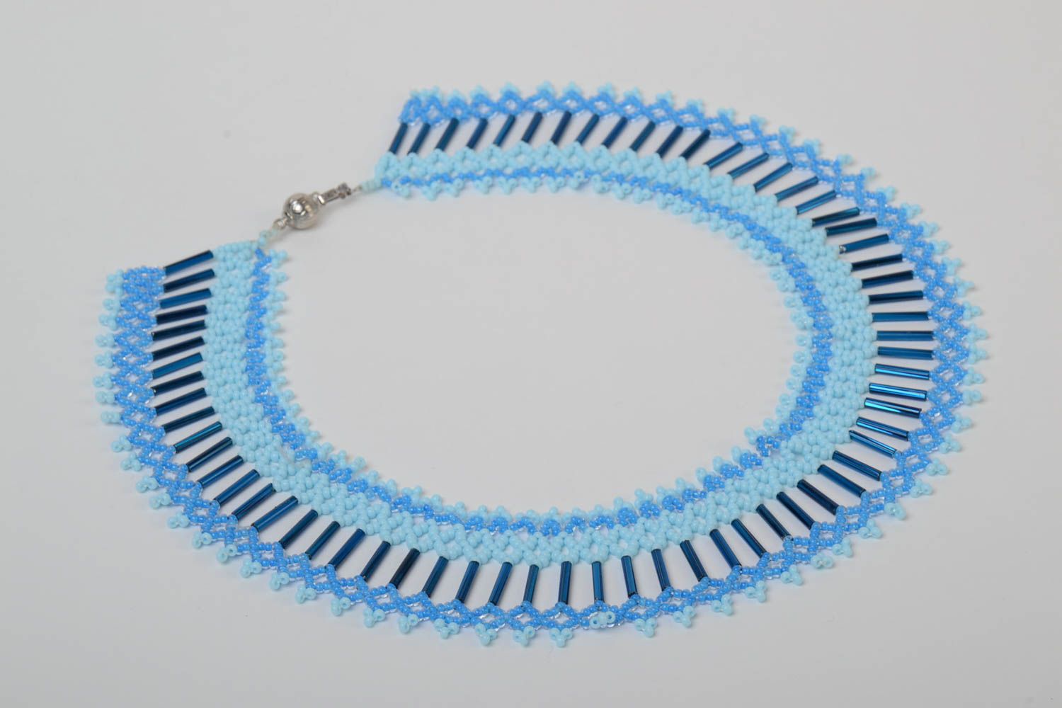 Handmade unusual lacy designer beaded necklace woven of Czech beads in pastel colors photo 2