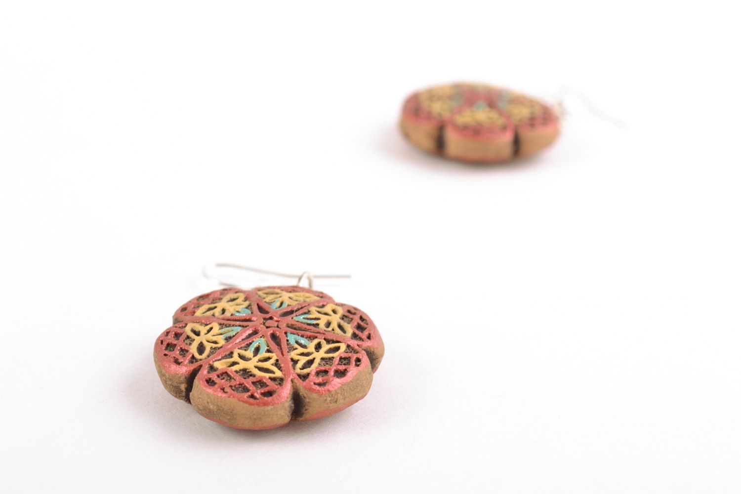 Handmade bright painted ceramic dangling earrings in the shape of flowers photo 3