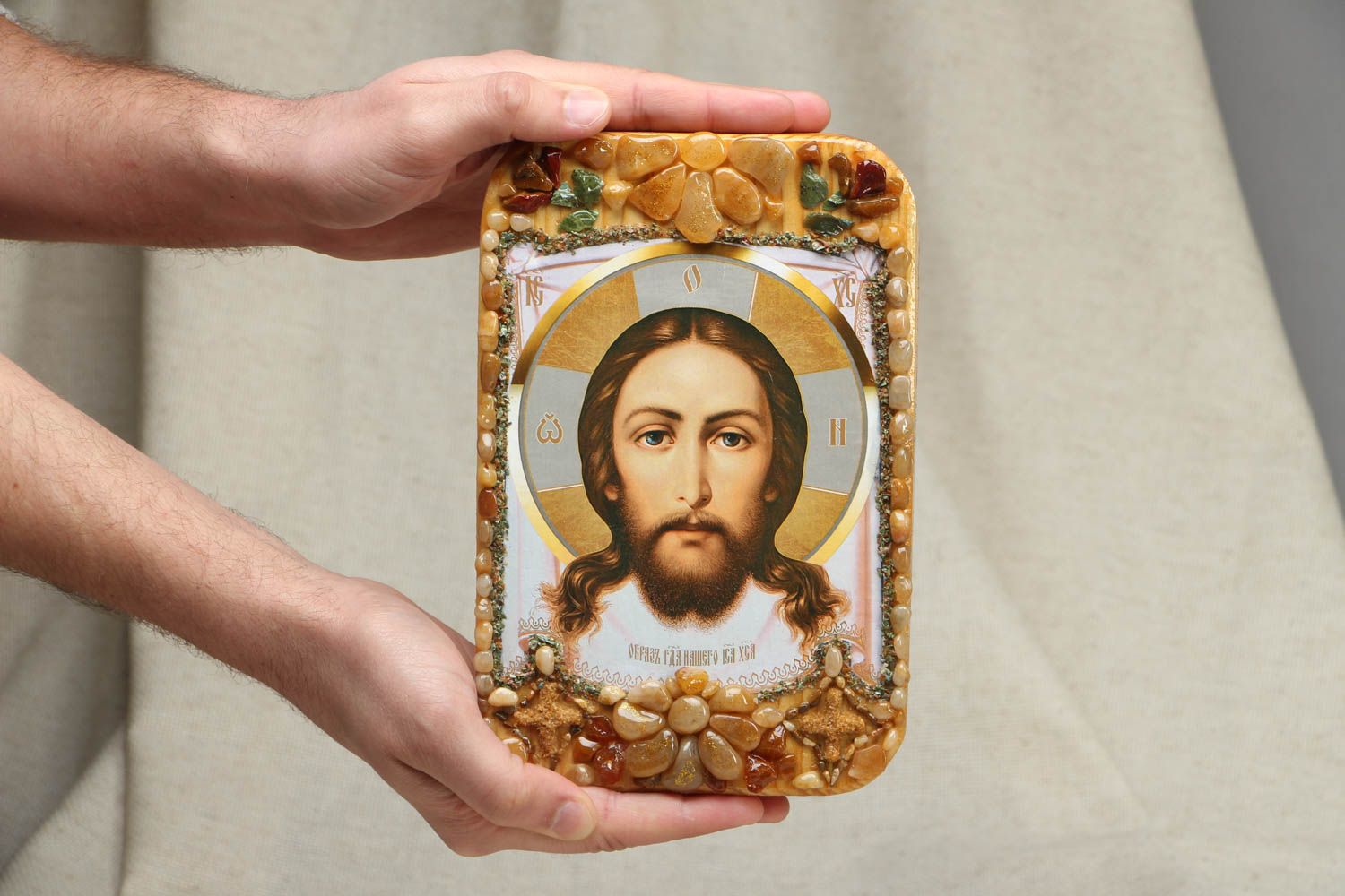Icône de Jésus-Christ en bois et pierres faite main photo 4