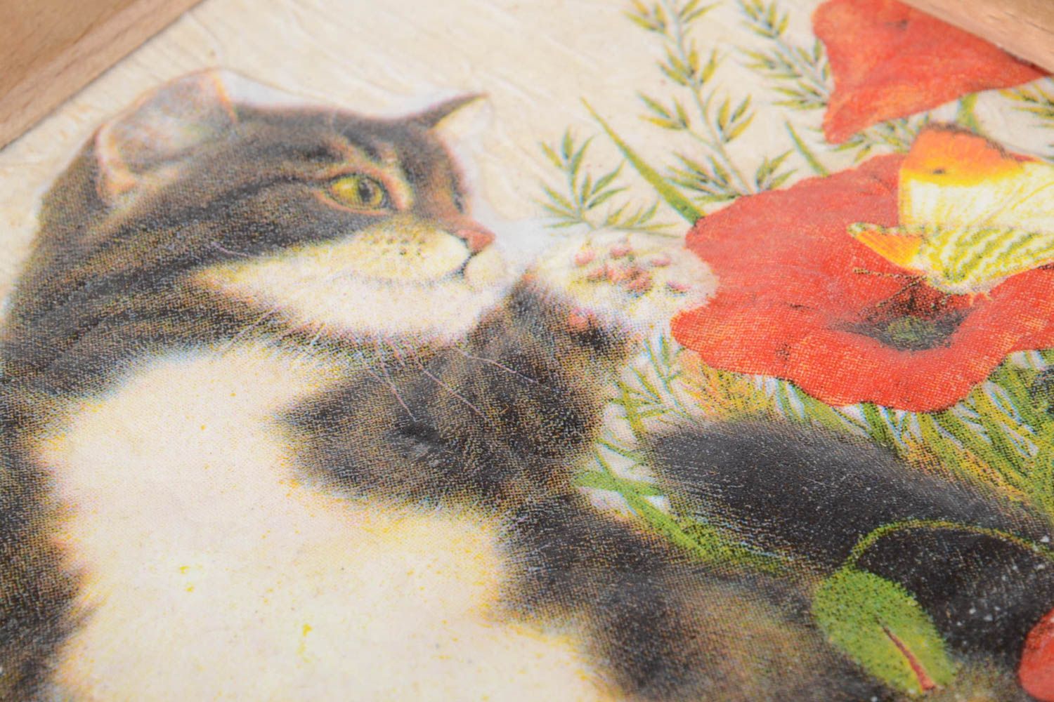 Petit Tableau carré en relief fait main chat et fleurs Décoration maison photo 3