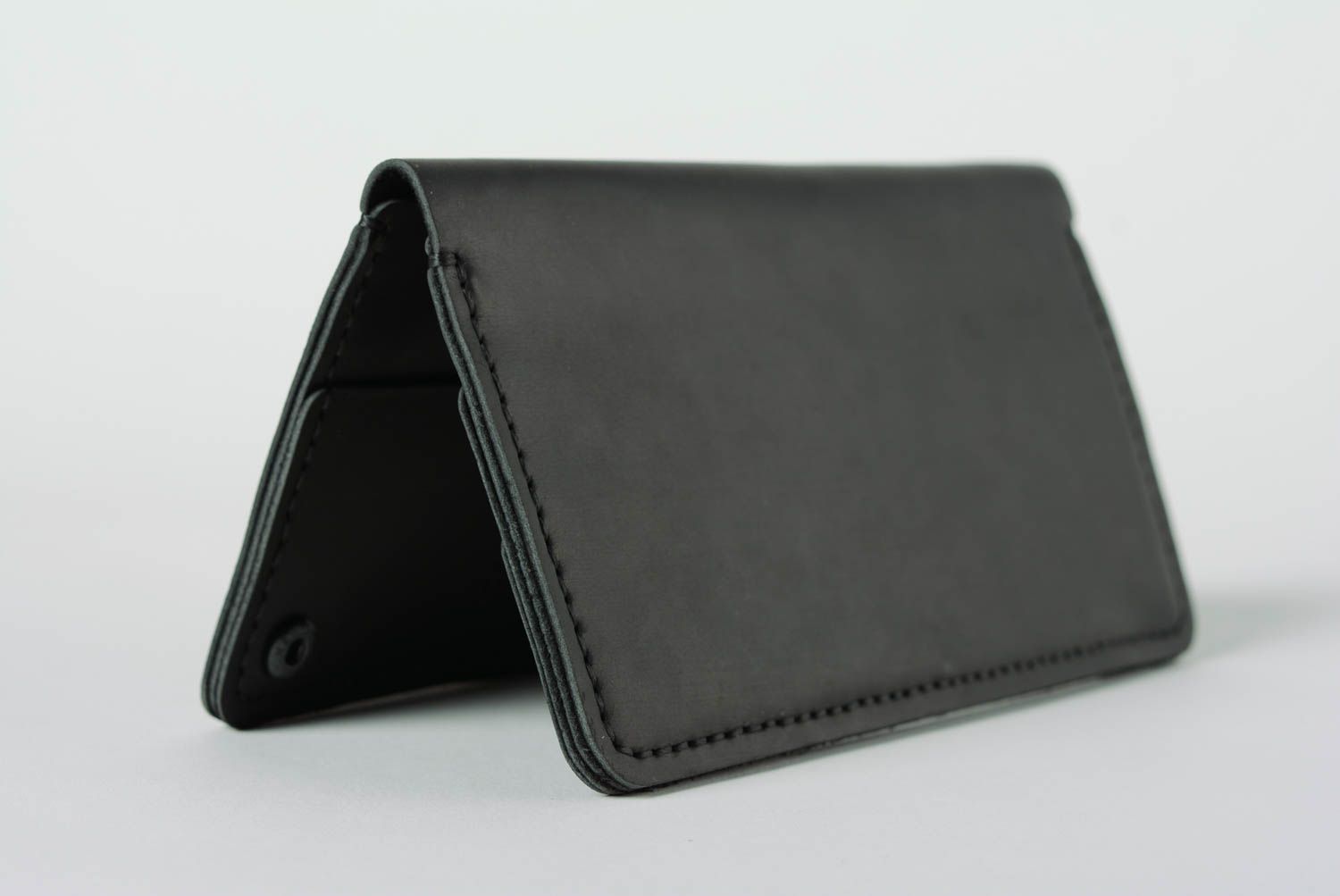 Handmade designer large laconic genuine leather wallet of black color  photo 5