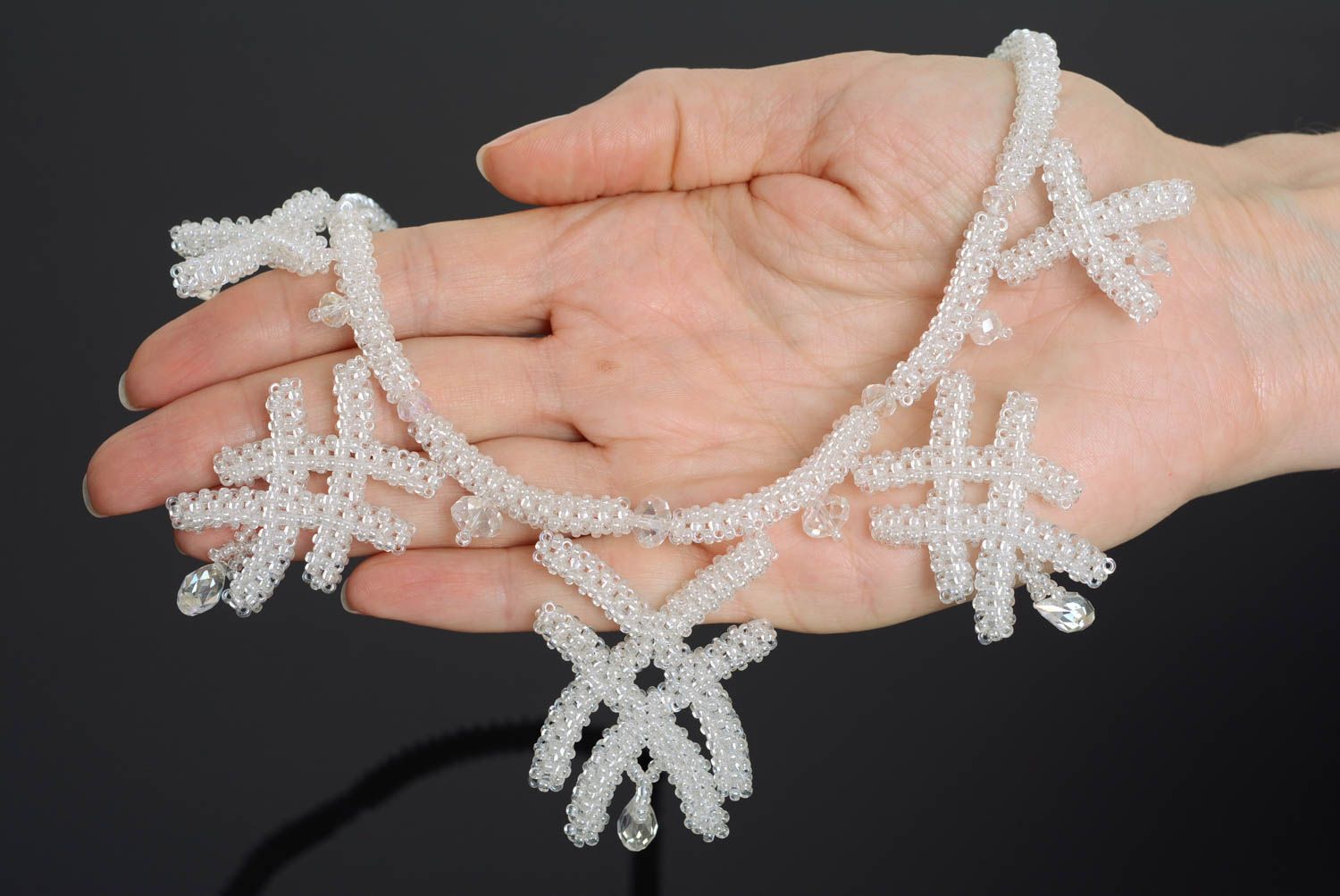 Unusual beautiful handmade designer beaded cord necklace white photo 4