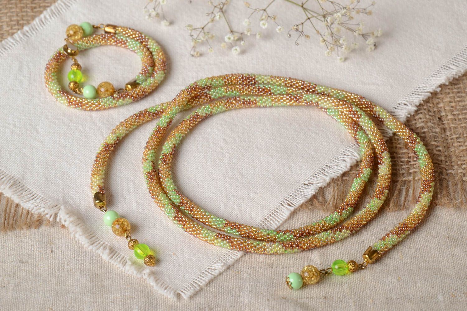 Gentle handmade beaded cord necklace and bracelet designer jewelry for women photo 1
