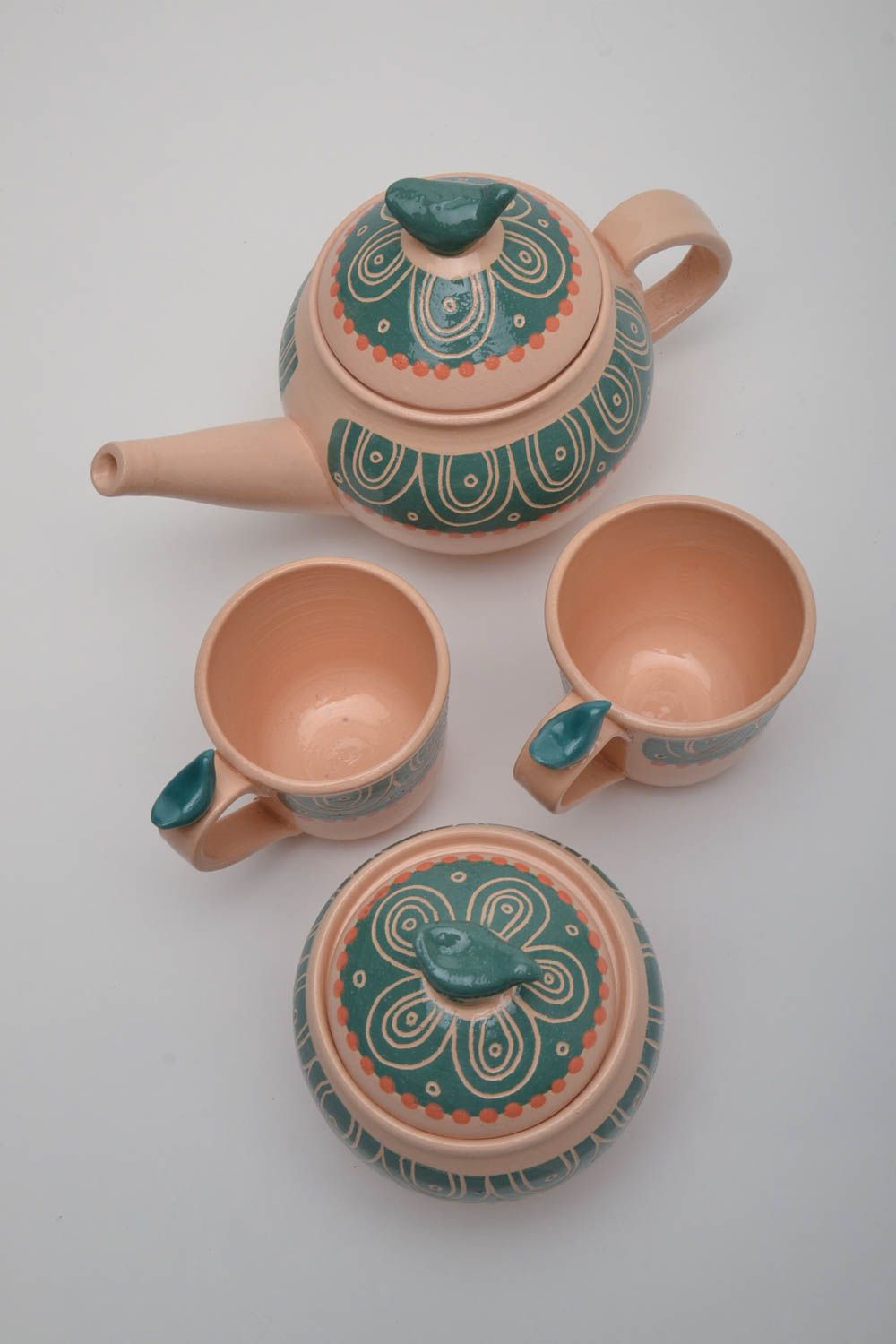 Keramik Geschirr Set Zuckerdose Teekanne und zwei Tassen foto 4