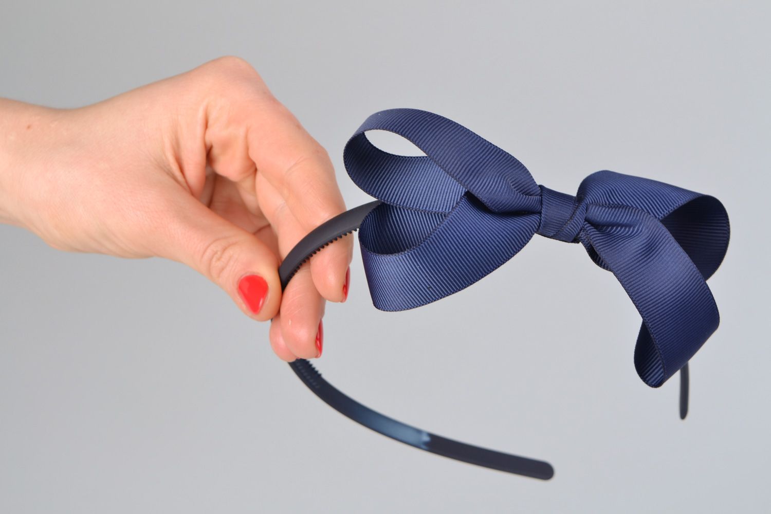 Handmade rep ribbon bow headband of blue color photo 2