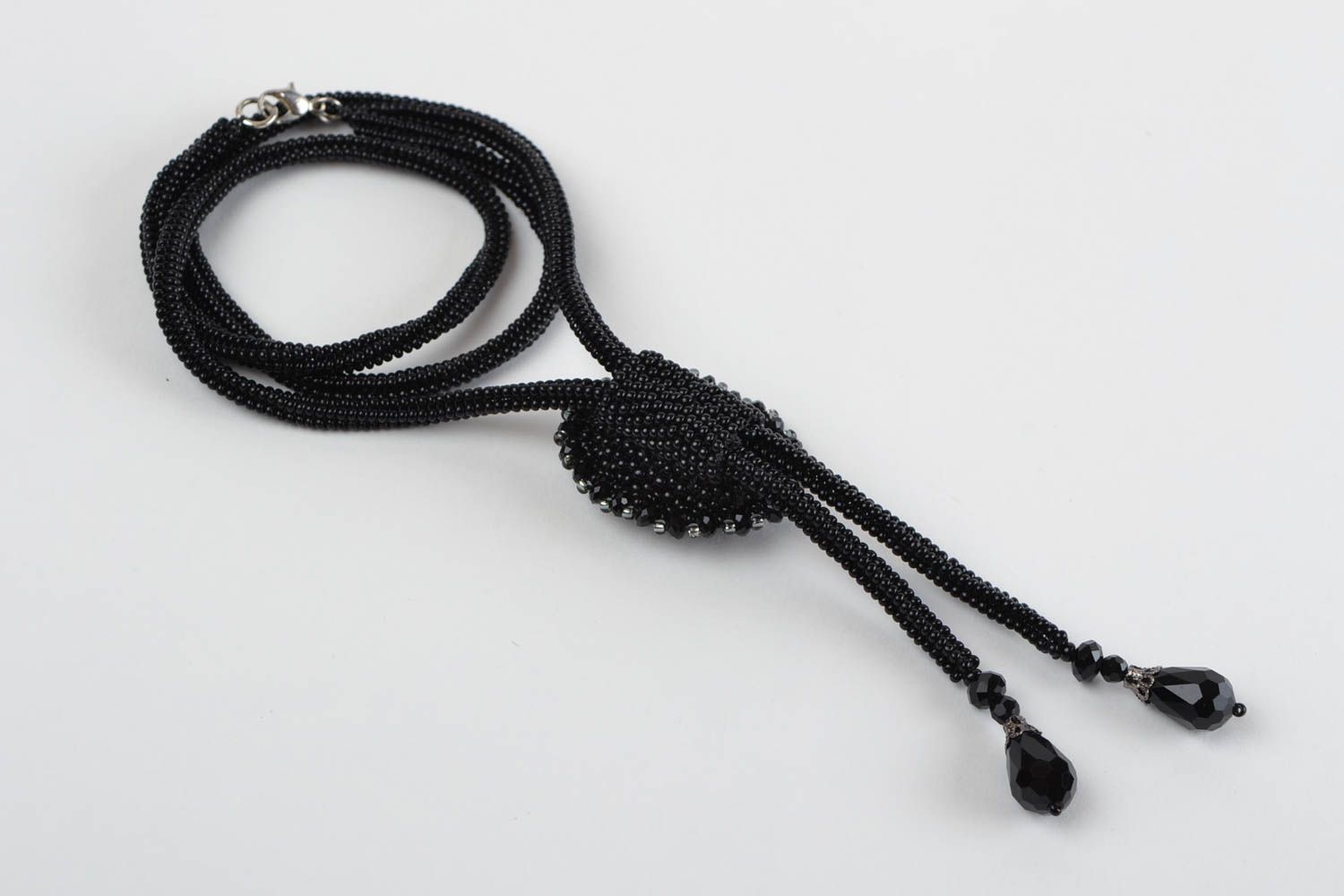 Long collier lariat en perles de rocaille noir avec cabochon ovale fait main photo 5