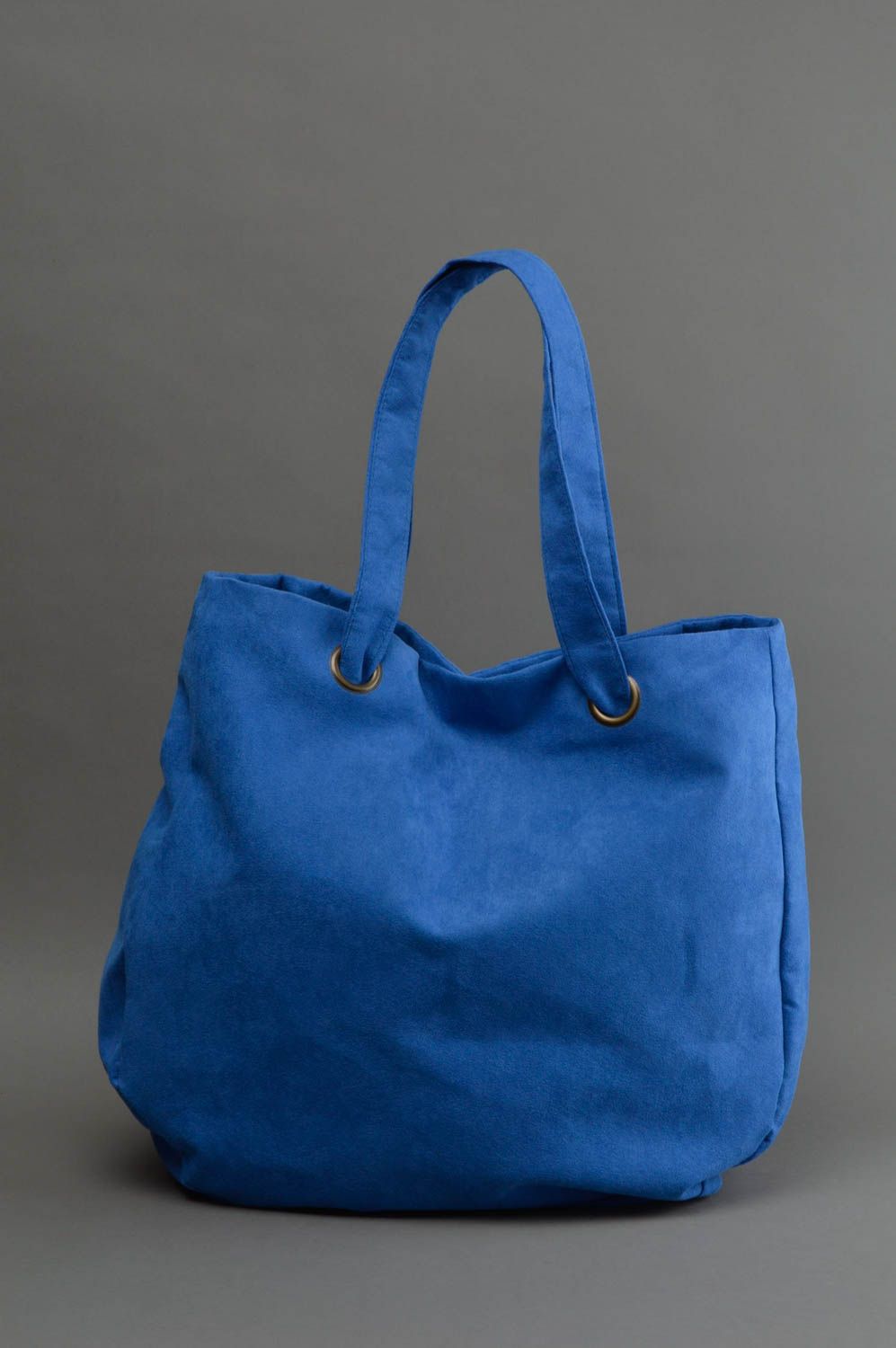 Grand sac à main bleu en daim artificiel fait main deux poignées design photo 1