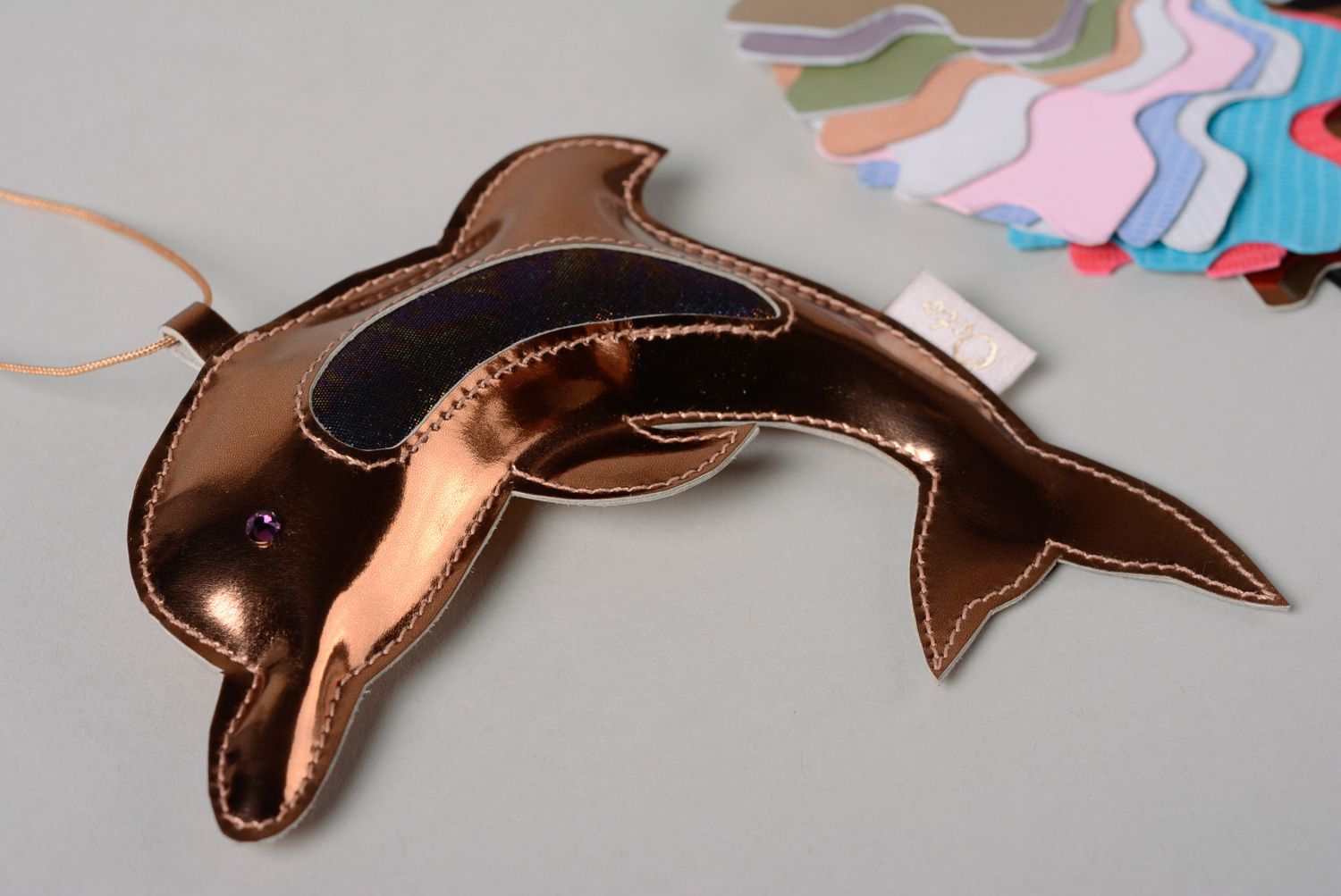 Handmade orange leather keychain for gift Dolphin photo 5