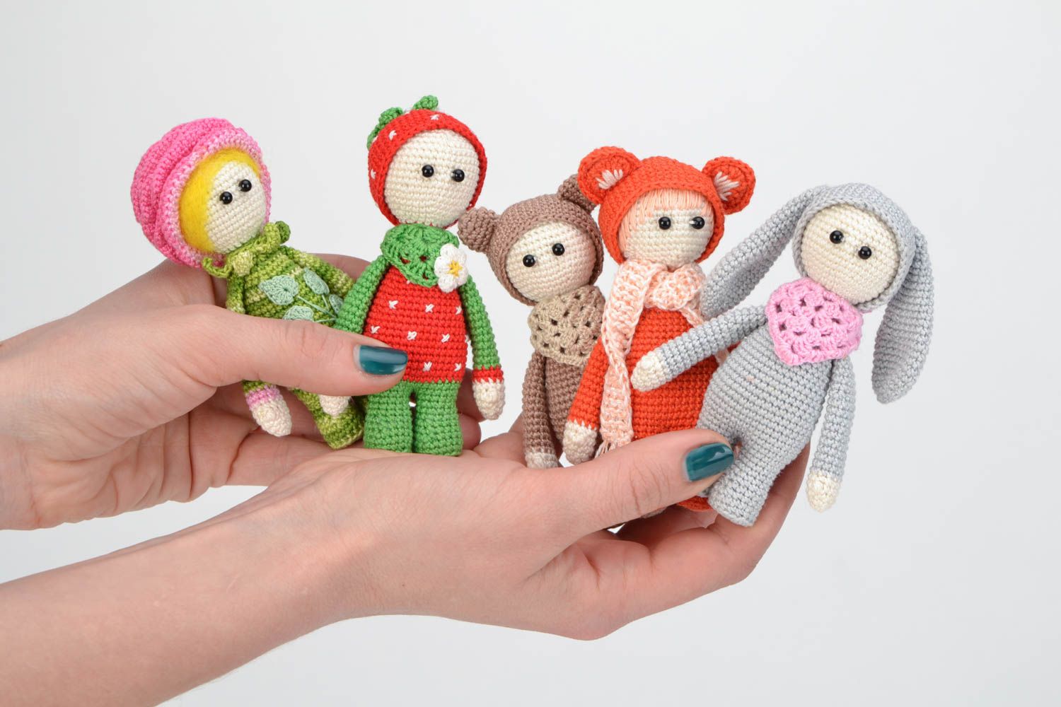 Set of small handmade crochet soft toys 5 pieces Girls in costumes of animals photo 2