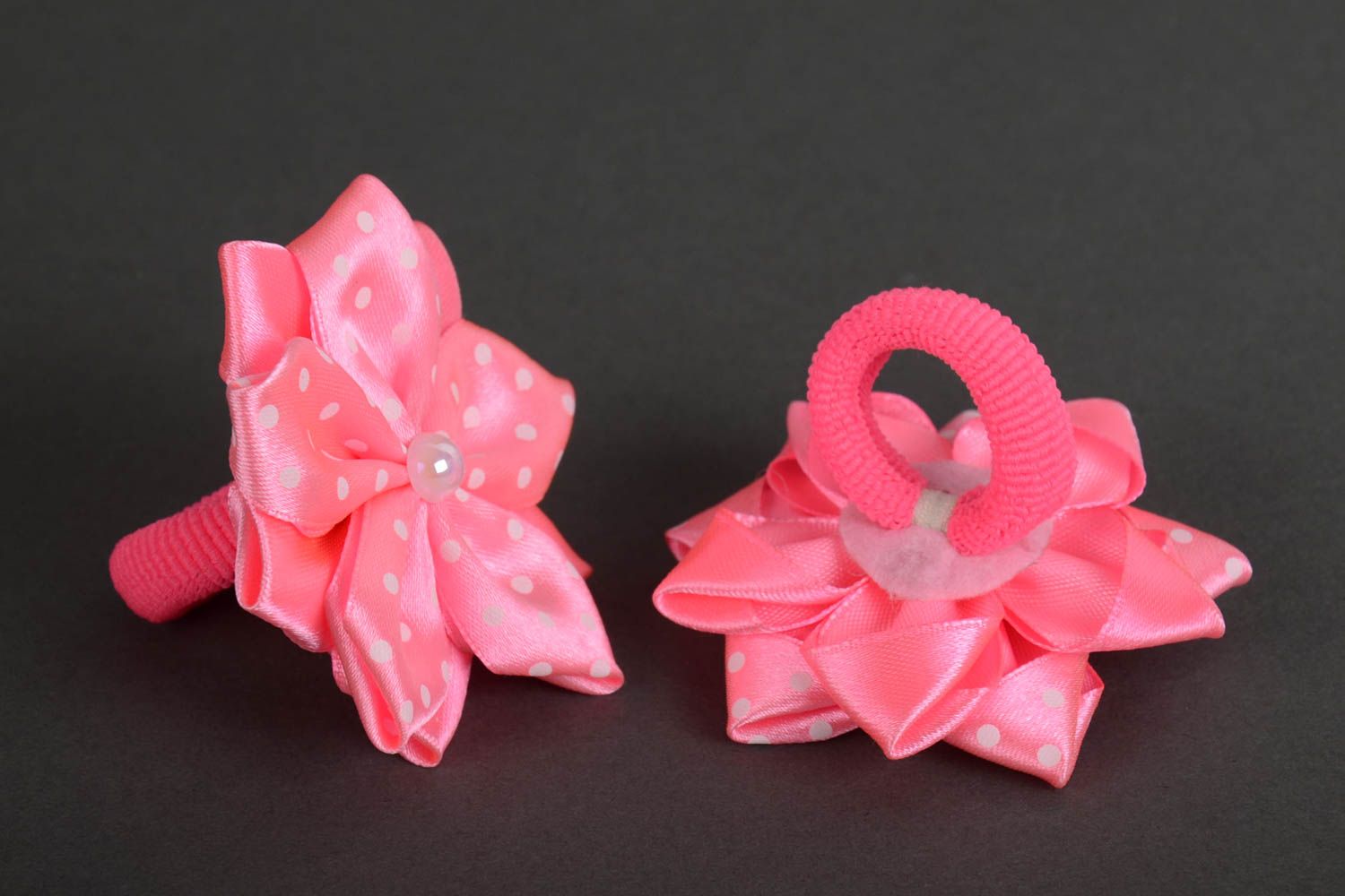 Set of 2 homemade decorative hair ties with pink kanzashi flowers for girls photo 5