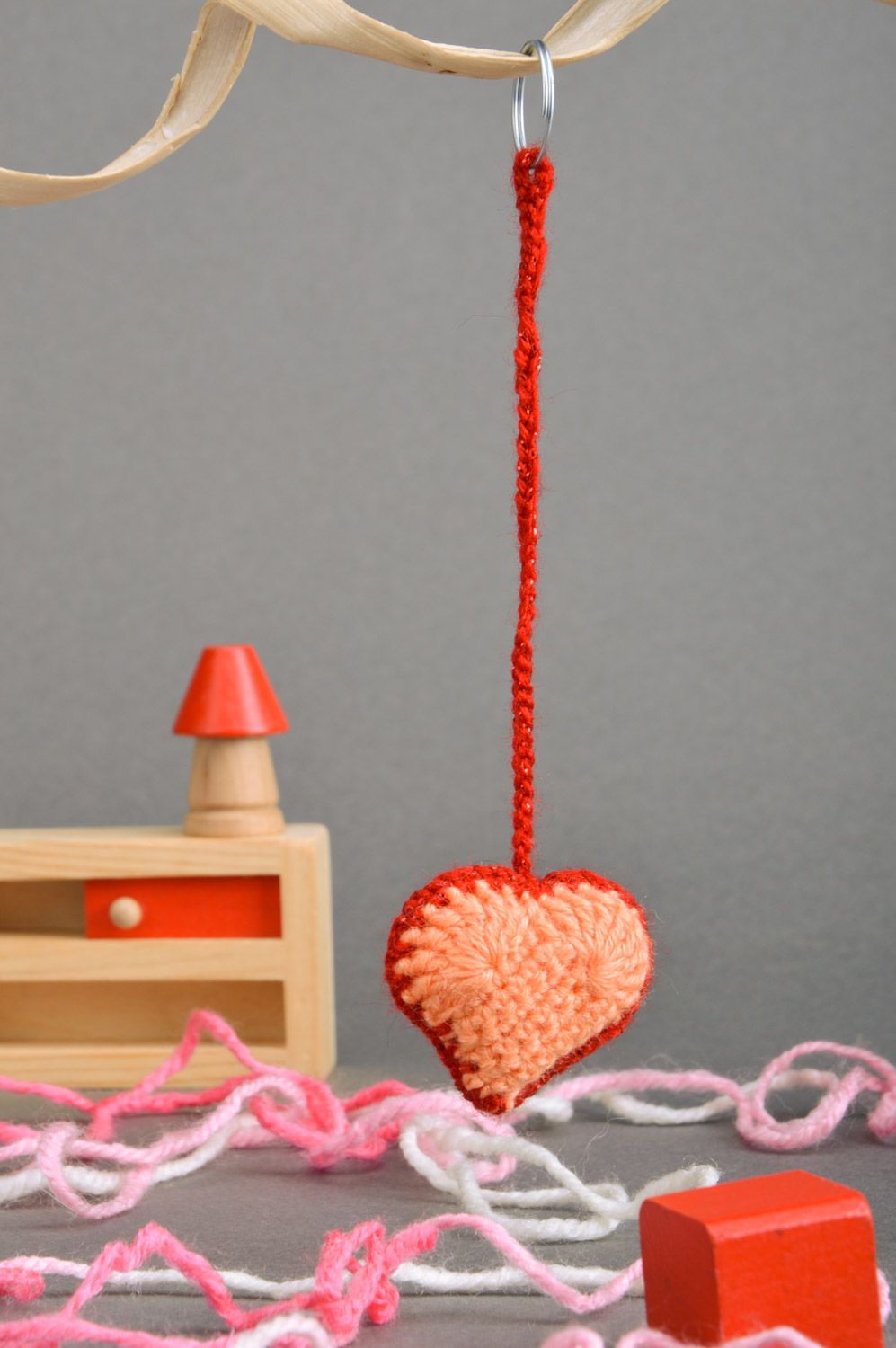 Handmade soft red and pink heart-shaped keychain crocheted of semi-woolen threads photo 1