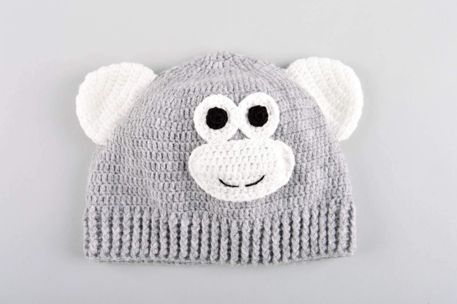 Шапка для мальчика ручной работы вязаная шапка обезьянка зимняя шапка серая фото 5