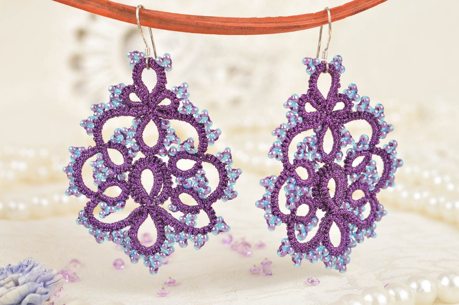 Unusual beautiful handmade designer lilac tatting lace earrings with beads photo 1