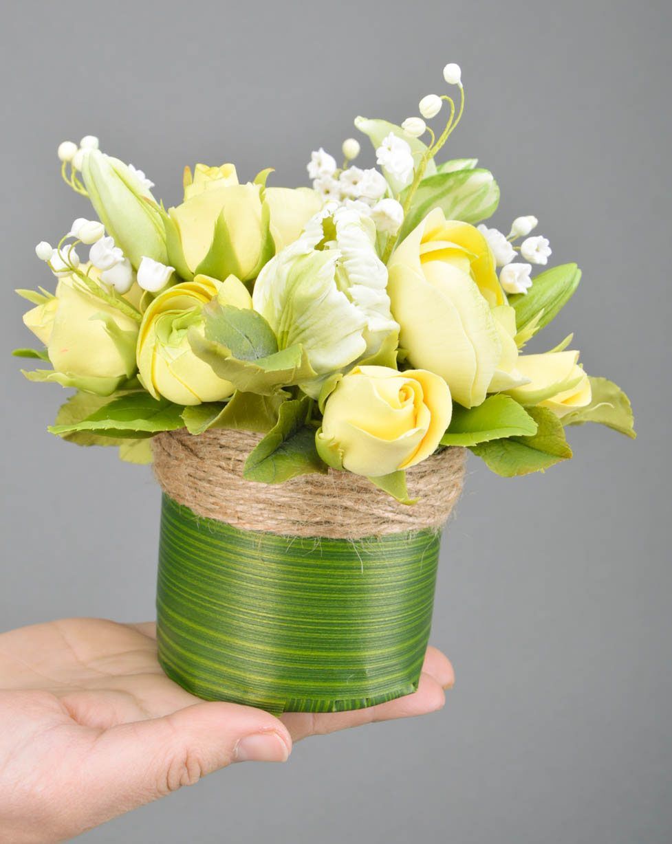 Handmade beautiful decorative flowers in pot made of polymer clay yellow with green photo 3