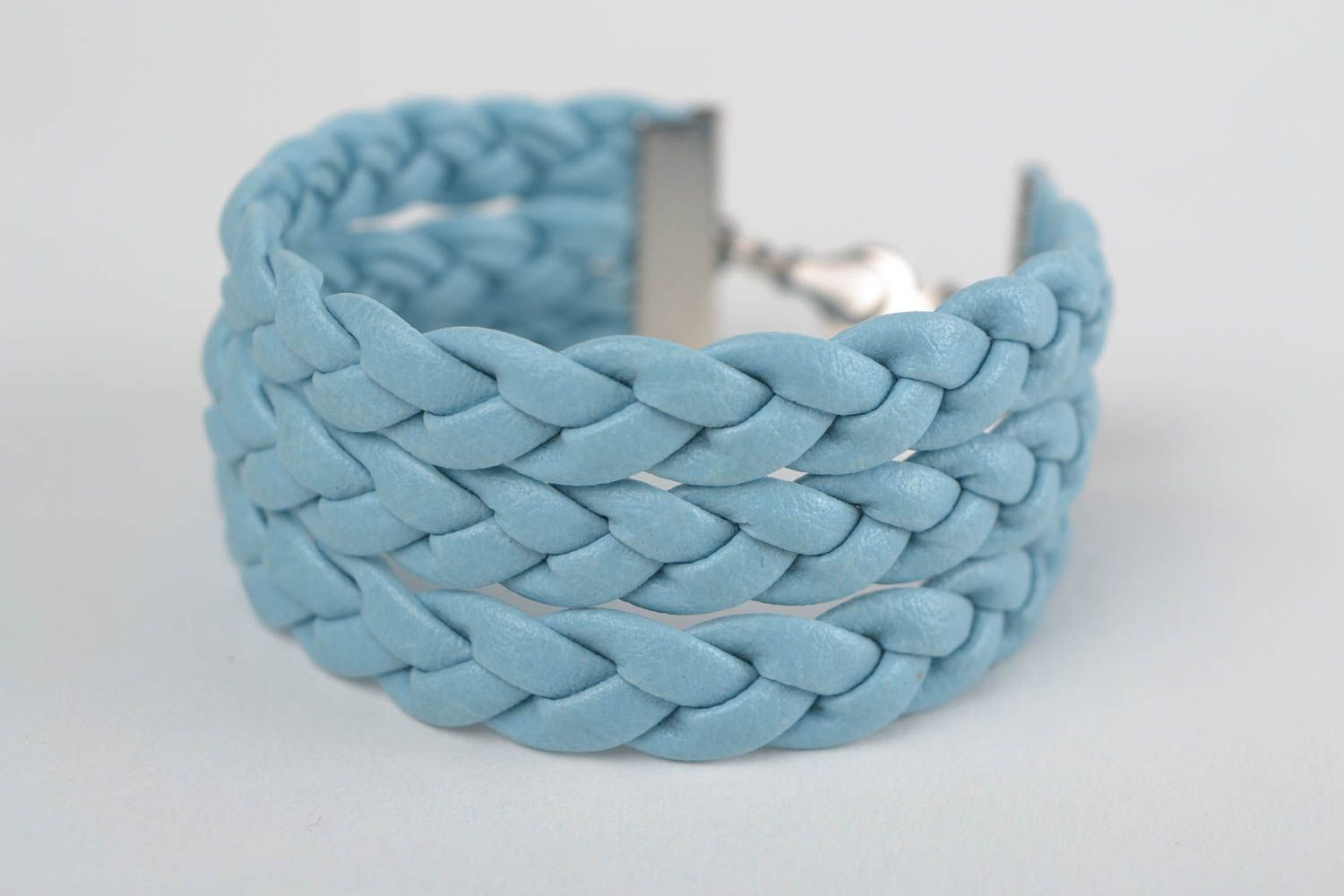 Handmade stylish wide blue braided faux leather wrist bracelet photo 3