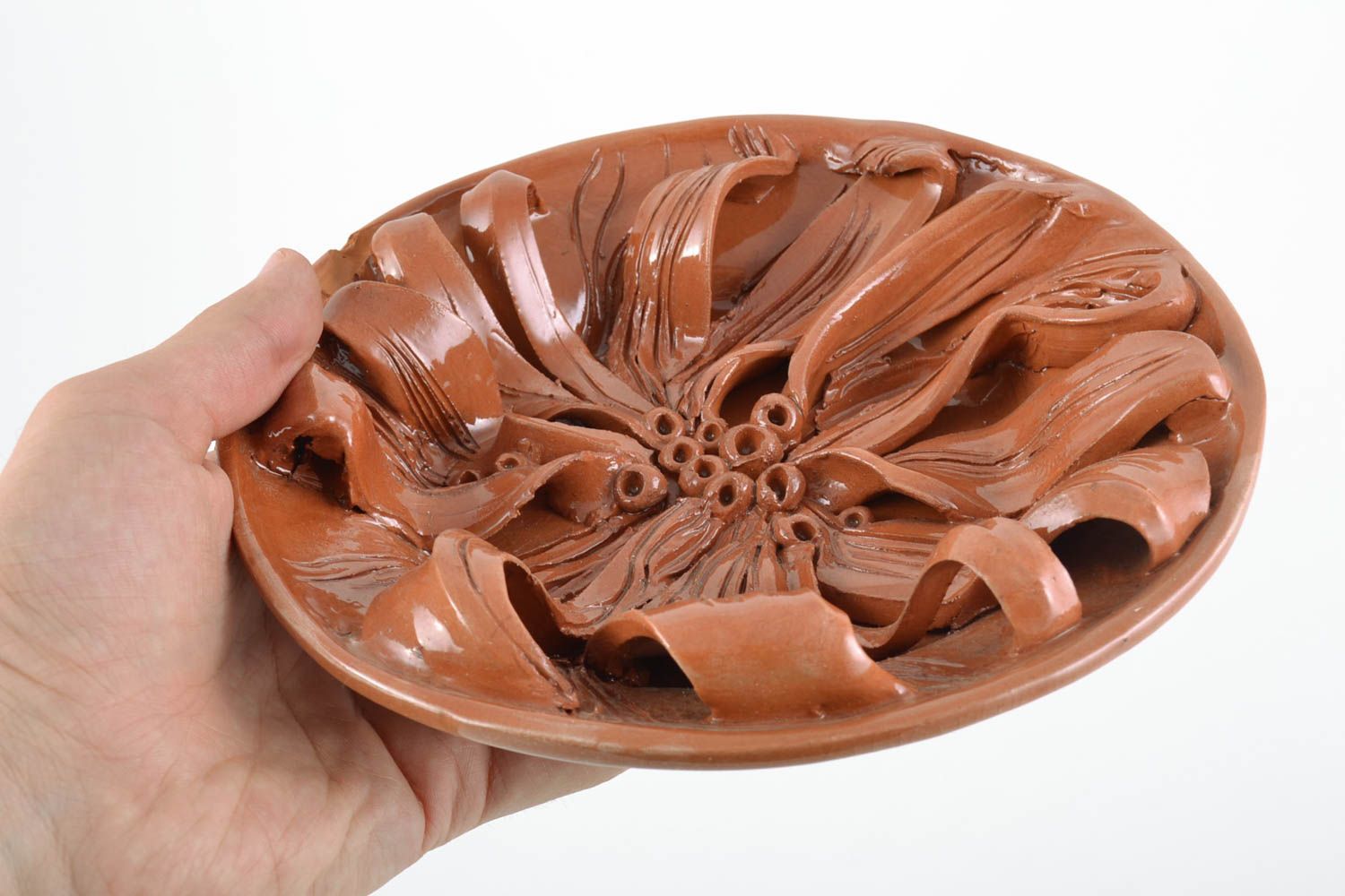 Handmade volume molded glazed ceramic wall plate with decor photo 2