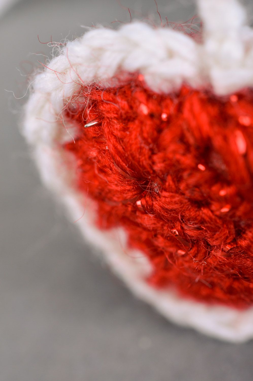 Handmade heart-shaped red and white keychain crocheted of semi-woolen threads photo 4