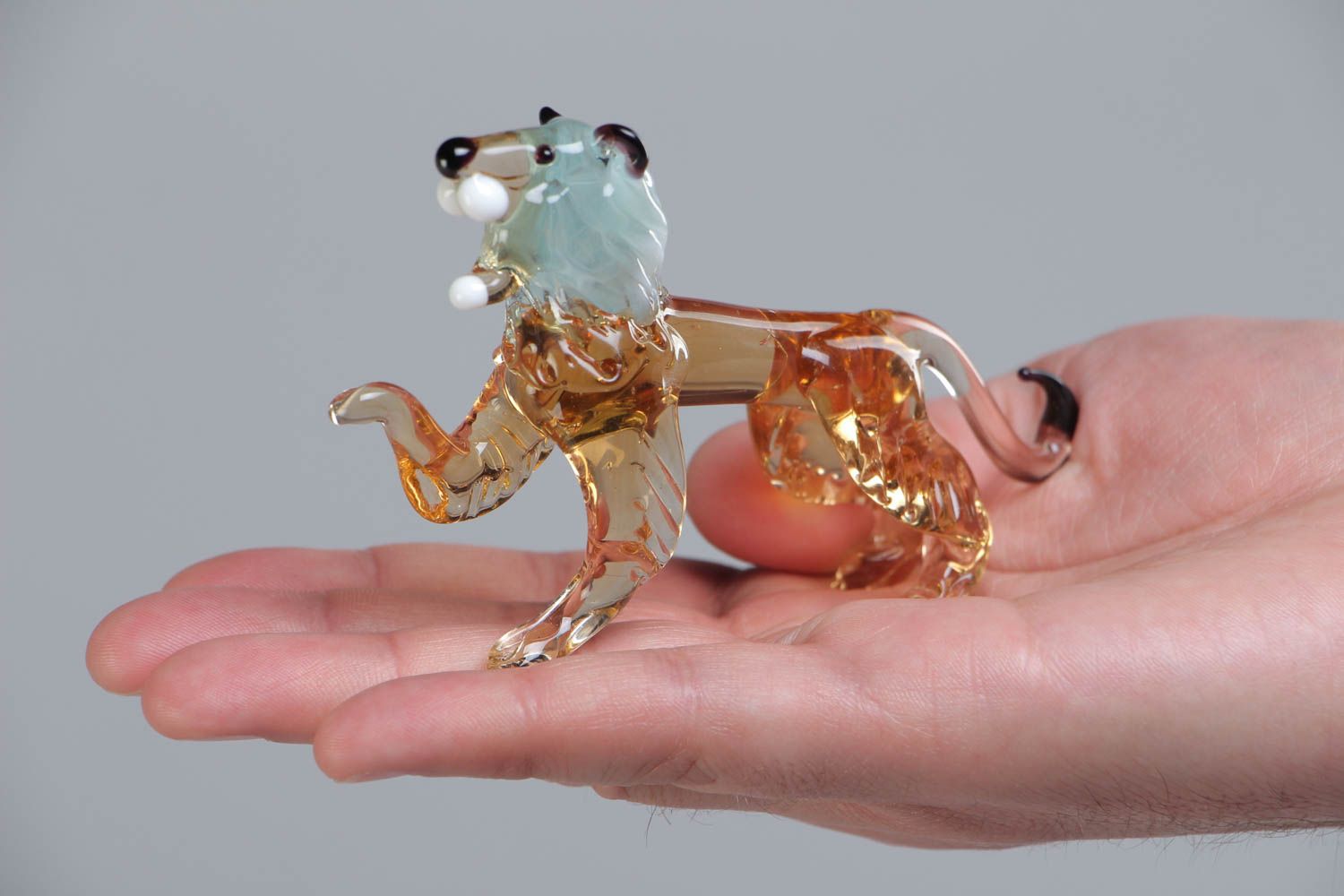 Handmade designer collectible lampwork glass miniature animal figurine of lion photo 5