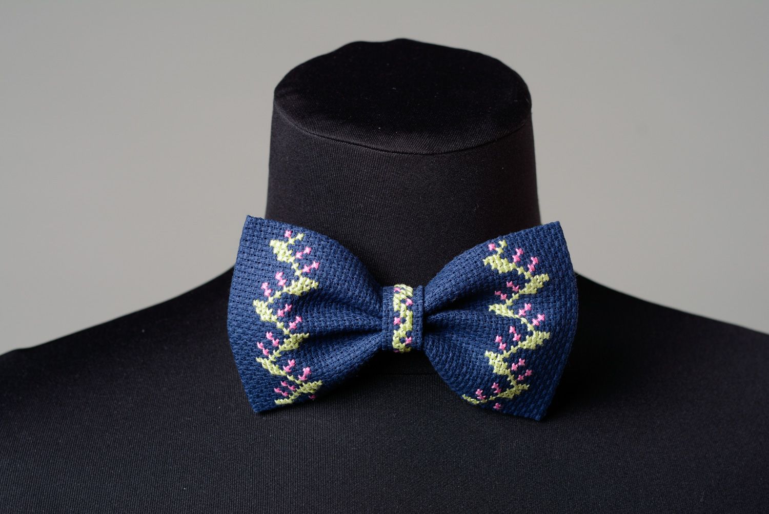 Dark blue bow tie with tender handmade cross stitch embroidery for stylish men photo 1