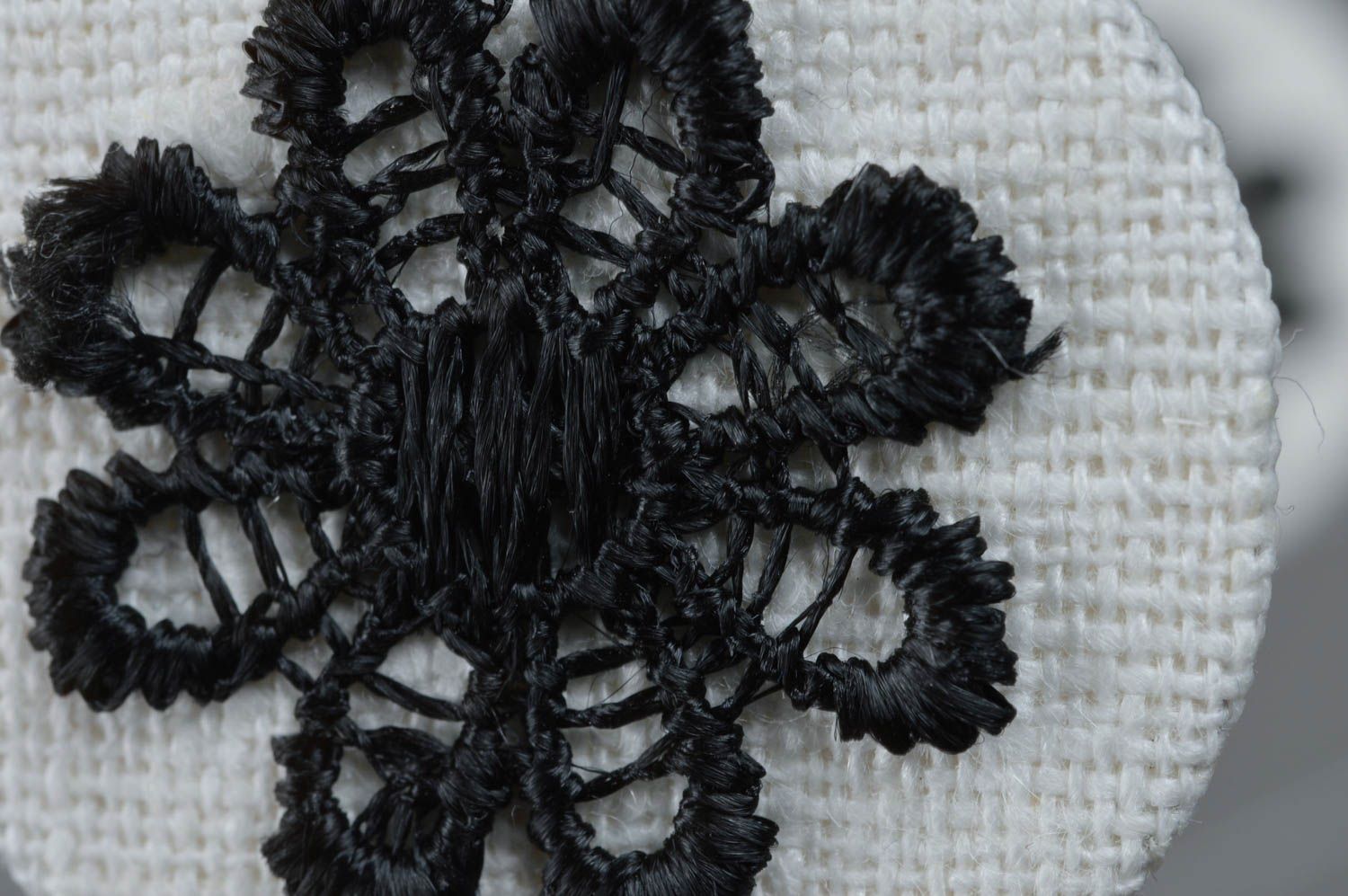 Красивые авторские серьги из льна круглые ручной работы с черными цветами фото 3