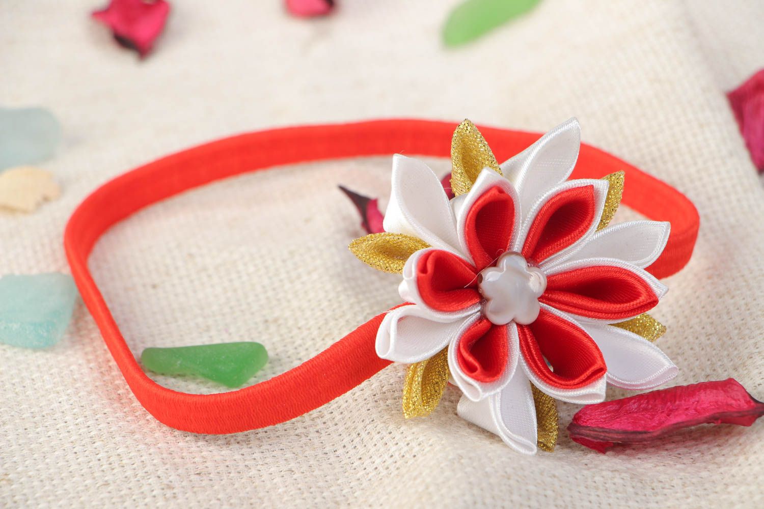Handmade designer headband will thin basis and volume red ribbon kanzashi flower photo 1