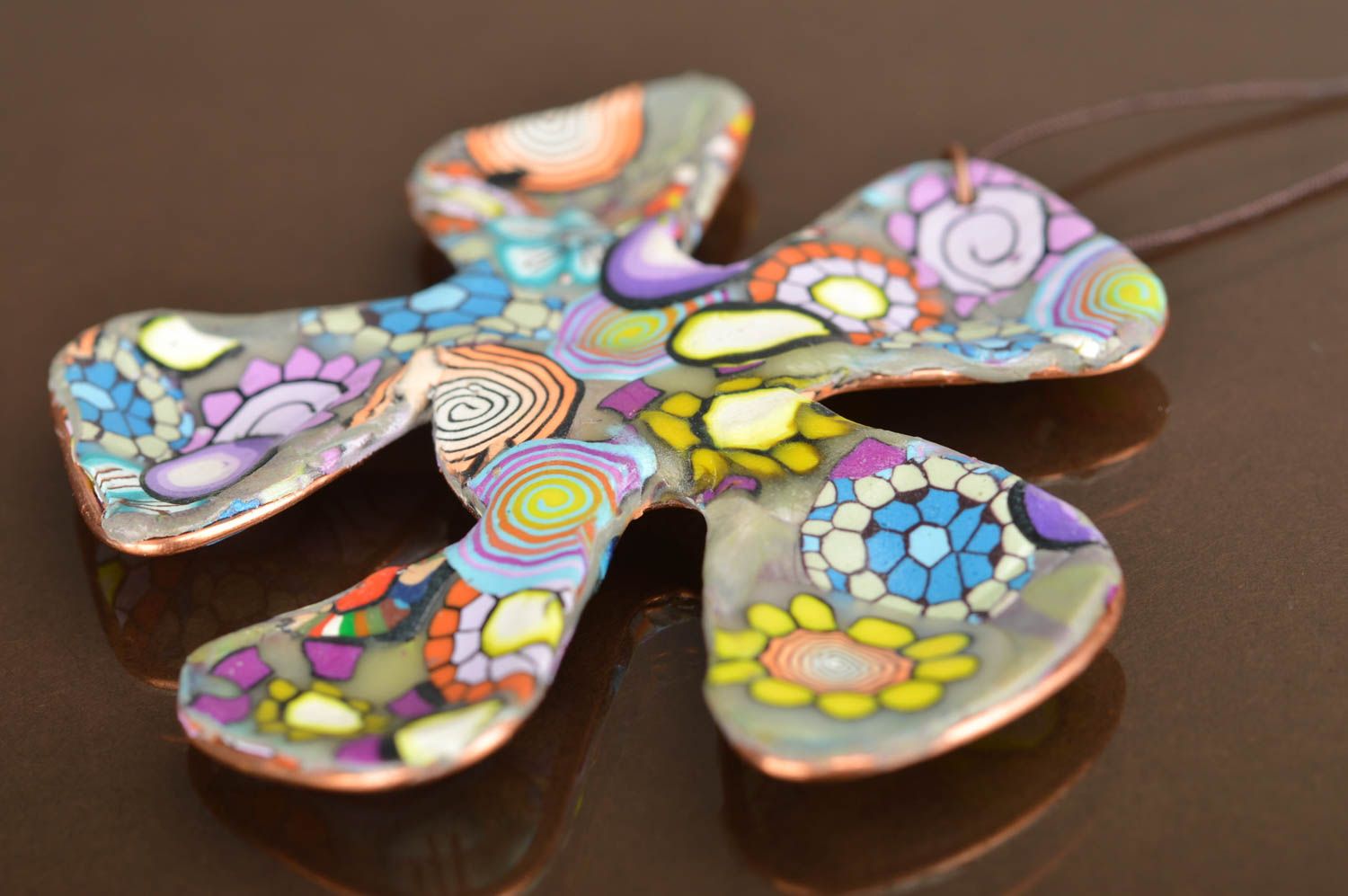 Handmade designer polymer clay pendant large bright flower summer accessory photo 5