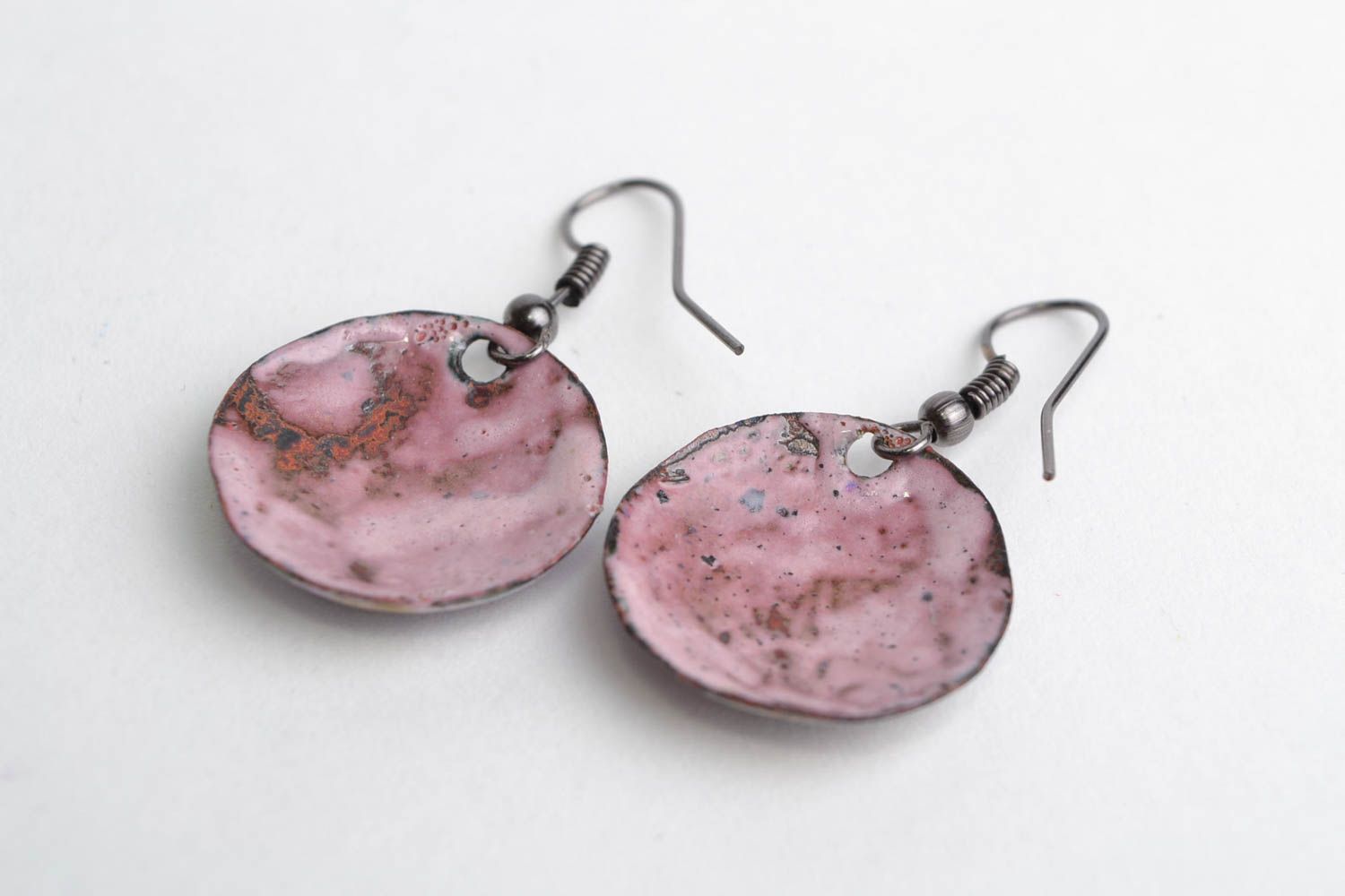 Handmade round violet enameled copper dangling earrings with apples images photo 5