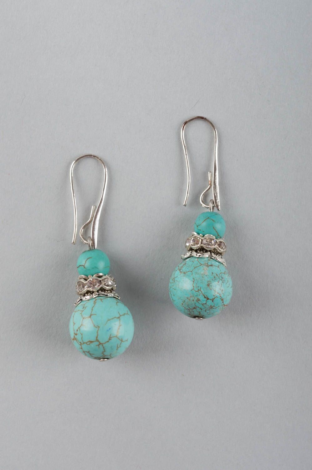 Unusual handmade designer brass earrings with natural turquoise stone beads photo 2